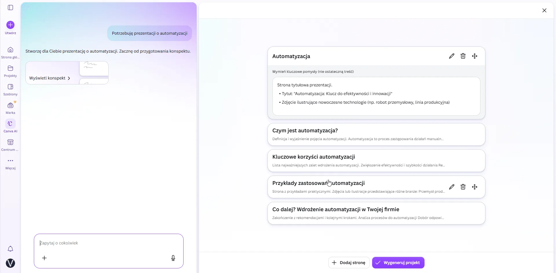Asystent Canva AI przygotowuje konspekt prezentacji o automatyzacji — lista edytowalnych sekcji slajdów
