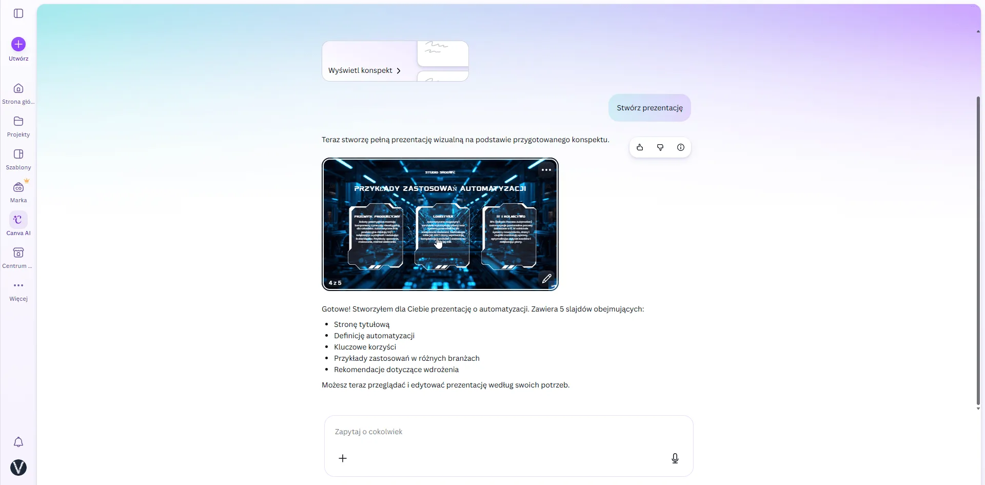 Canva AI generuje gotową prezentację o zastosowaniach automatyzacji z grafiką w nowoczesnym stylu