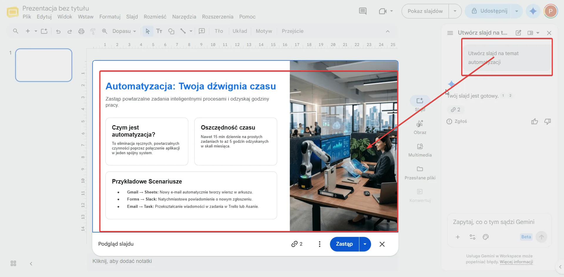Panel Gemini w Prezentacjach Google z wygenerowanym slajdem o automatyzacji i opcją utworzenia slajdu na temat