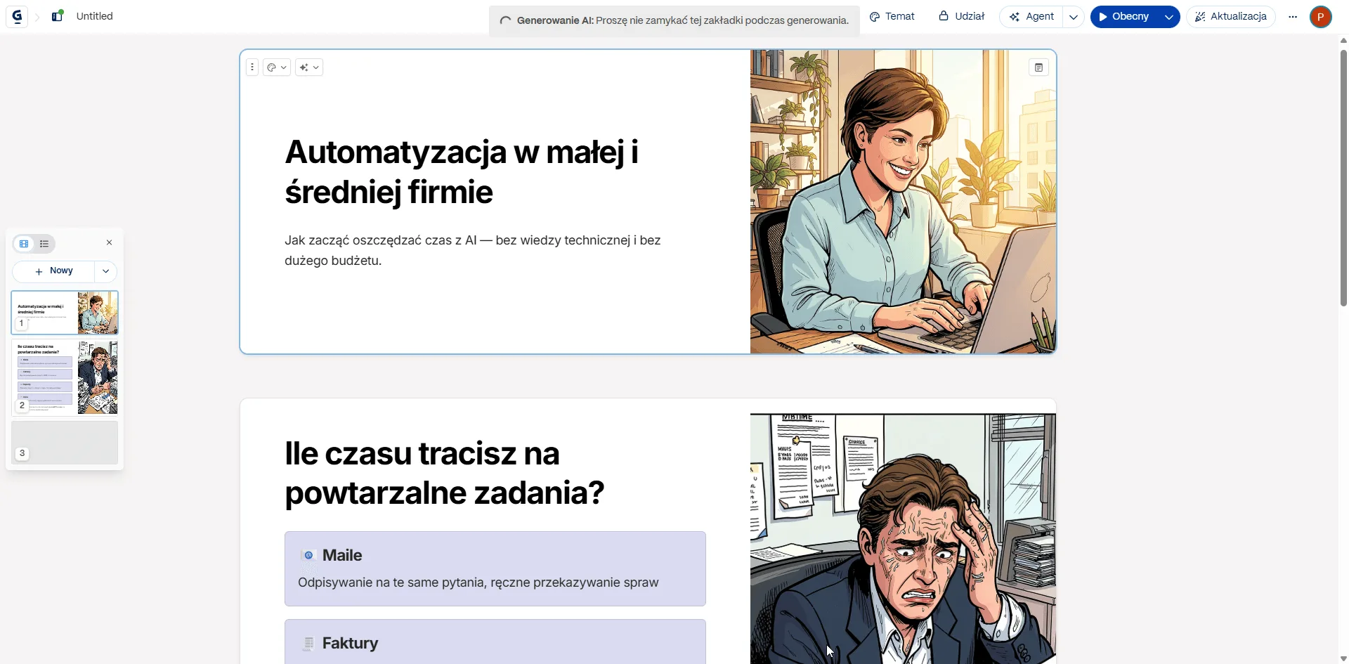 Pierwsza wersja prezentacji o automatyzacji w małej firmie wygenerowana przez AI — slajd tytułowy i slajd o powtarzalnych zadaniach