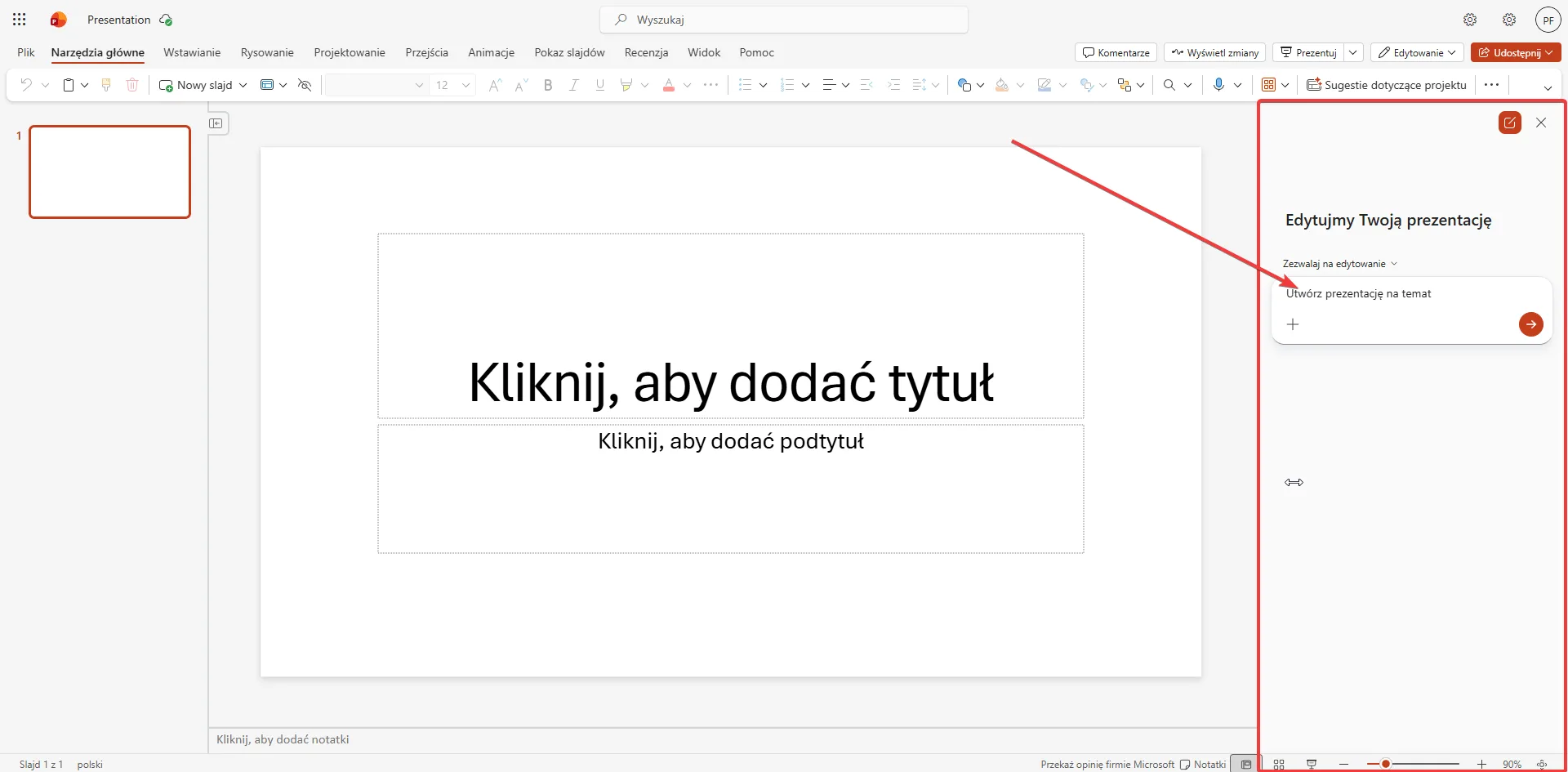 Panel Copilota w PowerPoincie z polem „Utwórz prezentację na temat