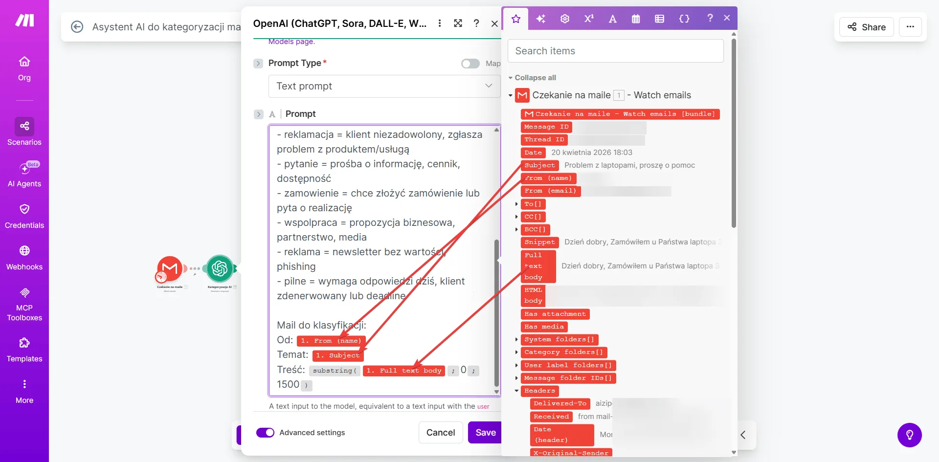 Pełny widok promptu OpenAI z mapowanymi zmiennymi Gmail — Od, Temat, Treść