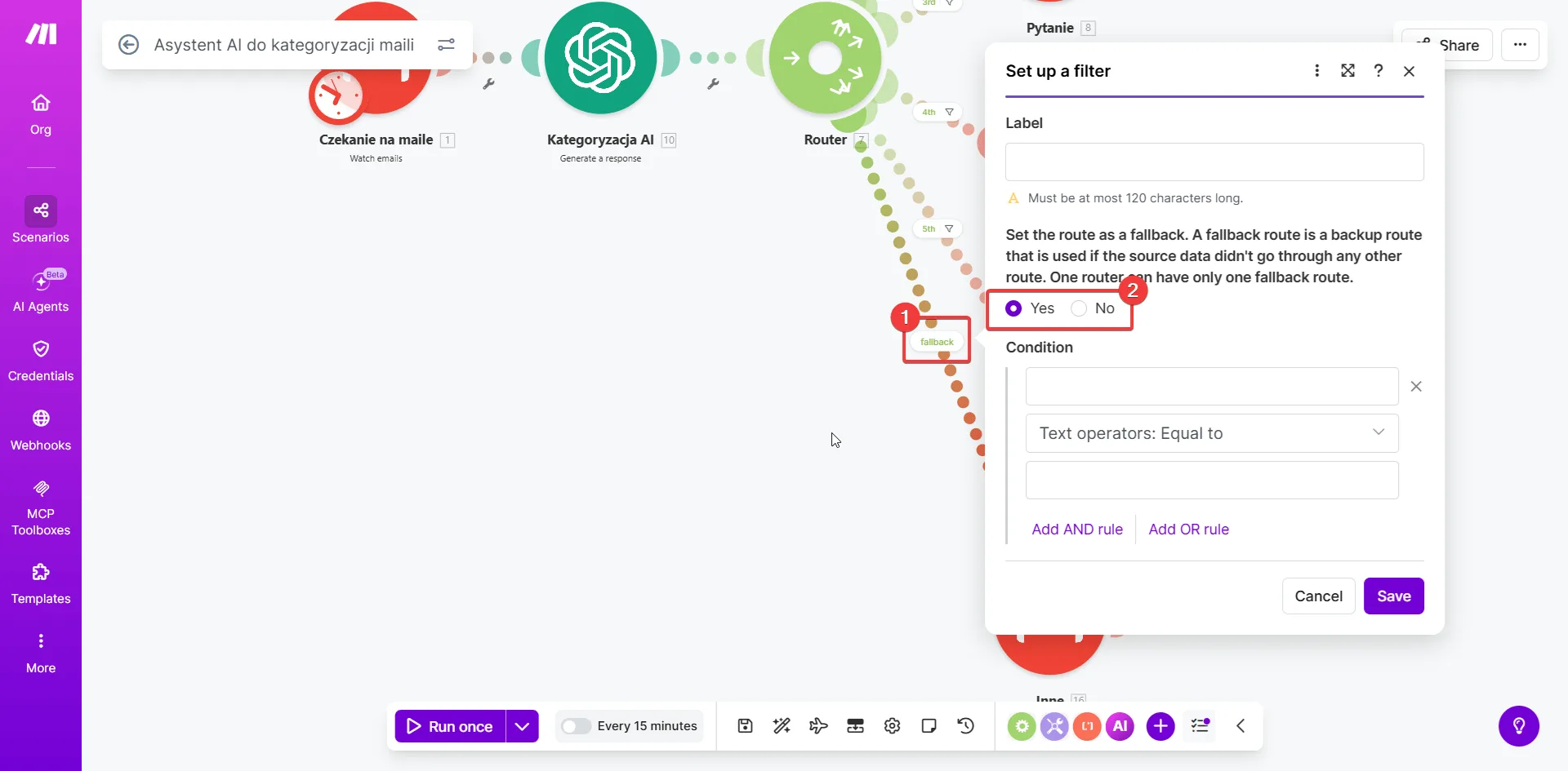 Make.com — ścieżka fallback Routera bez ustawionego filtra — łapie wszystkie pozostałe maile