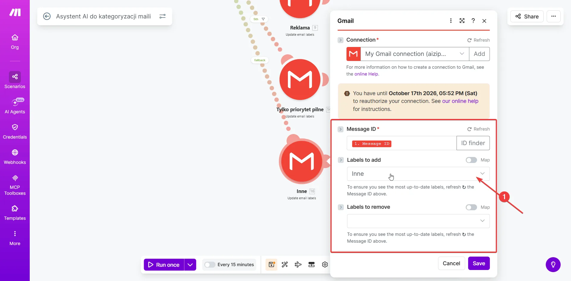 Make.com — moduł Gmail Update email labels z wybraną etykietą Inne