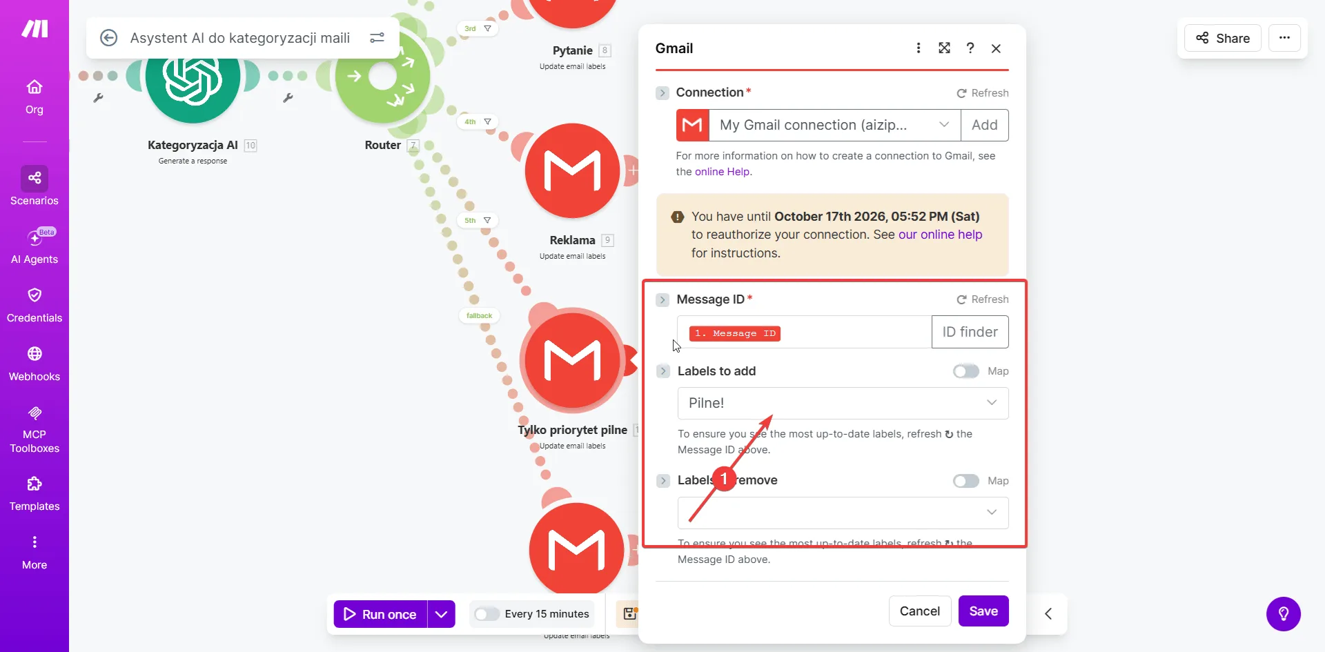 Make.com — Gmail Update email labels z etykietą Pilne! dla ścieżki priorytetowej