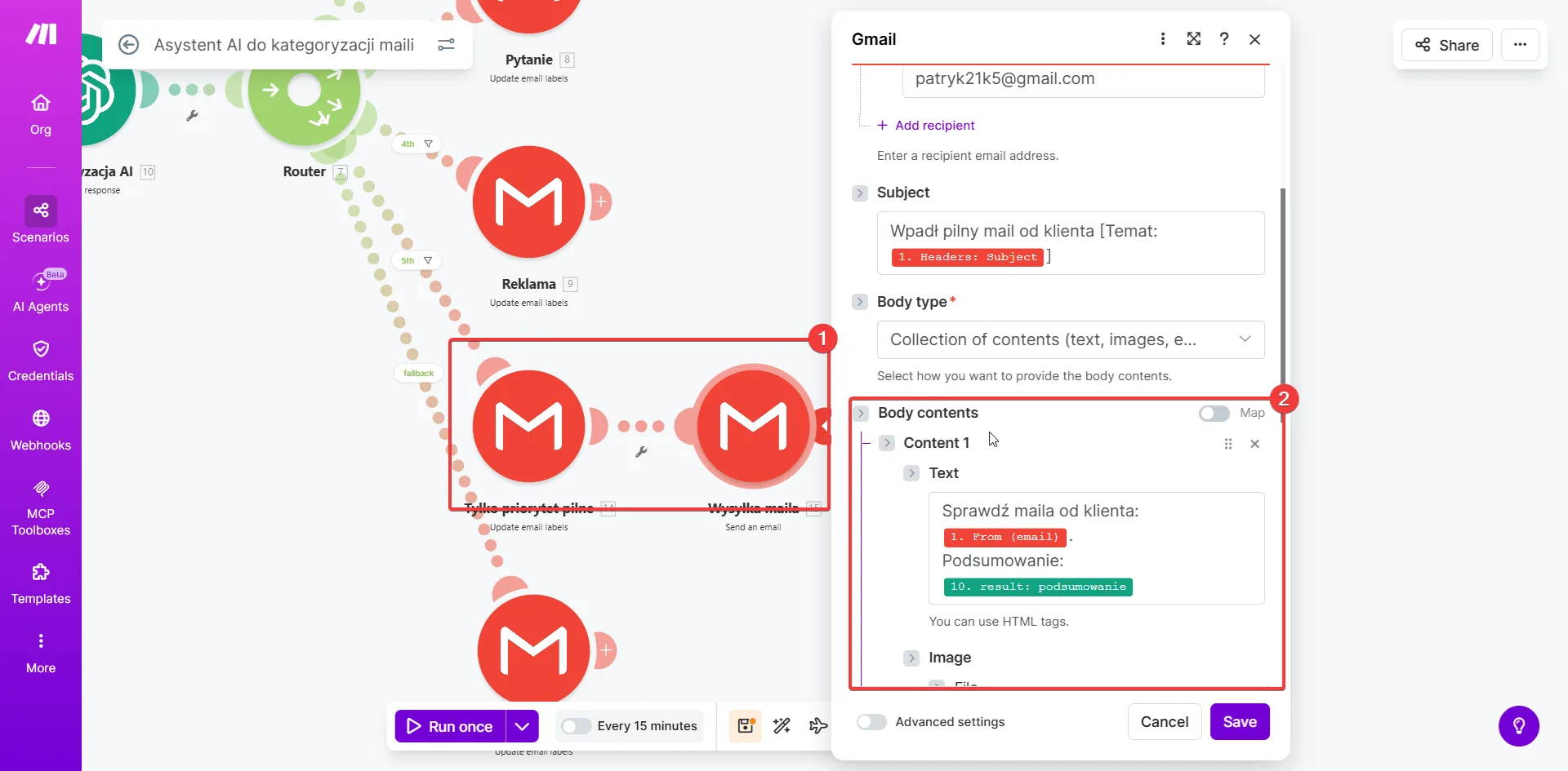 Make.com — Gmail Send an email z mapowanymi polami: temat, treść z podsumowaniem AI