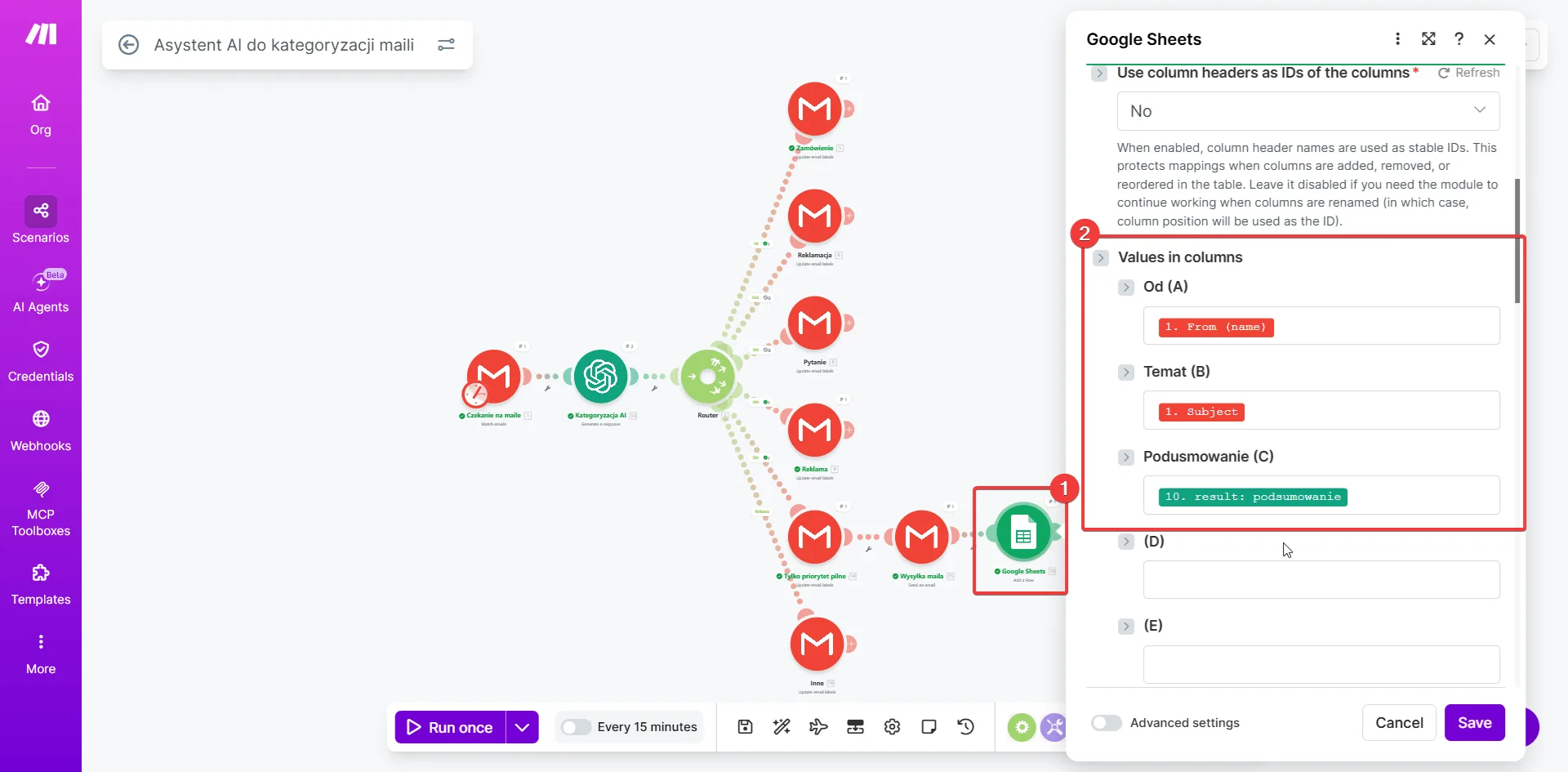 Make.com — Google Sheets moduł z mapowanymi kolumnami: Od, Temat, Podsumowanie
