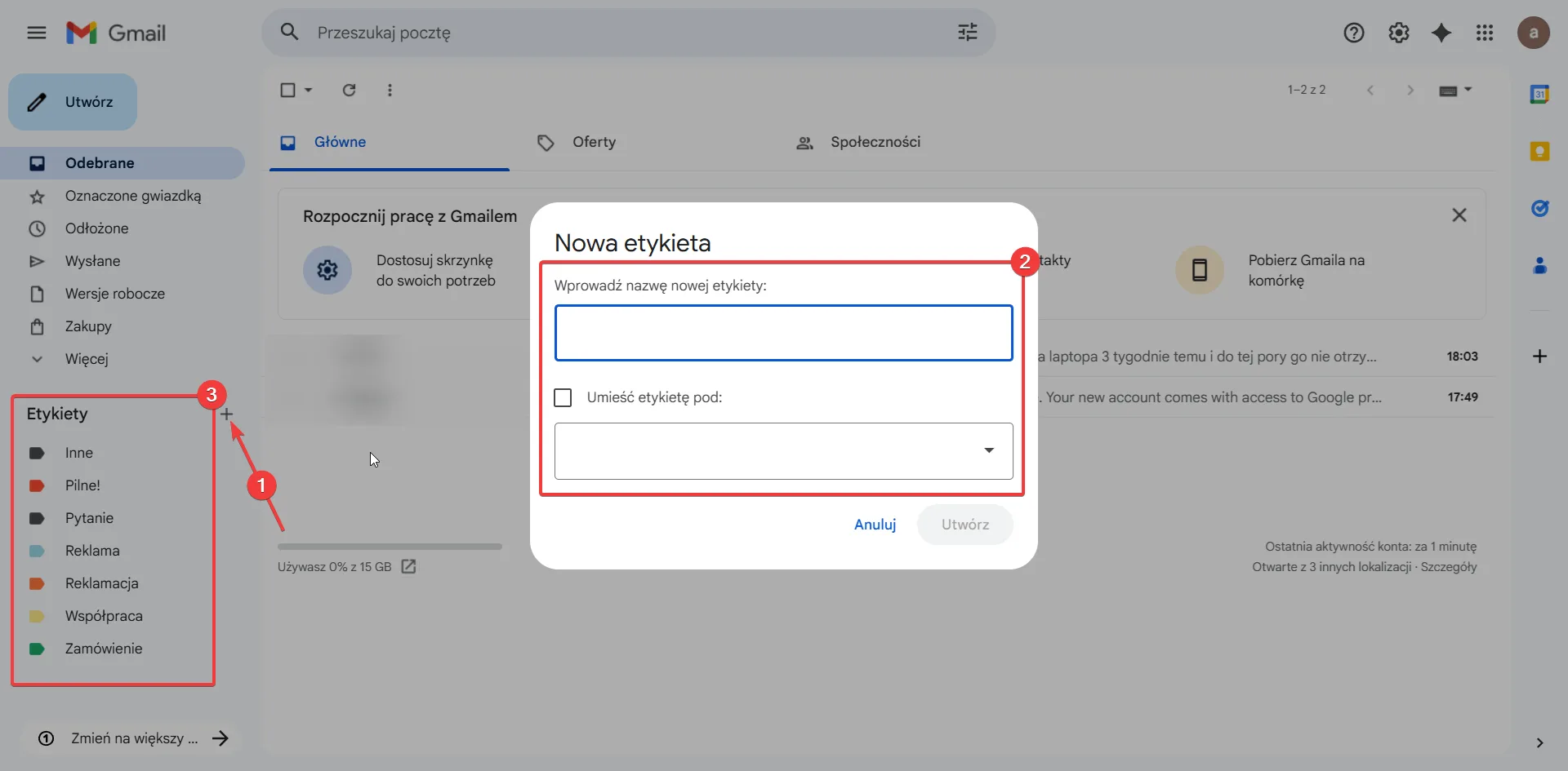 Gmail z widocznym oknem tworzenia nowej etykiety i listą istniejących etykiet po lewej