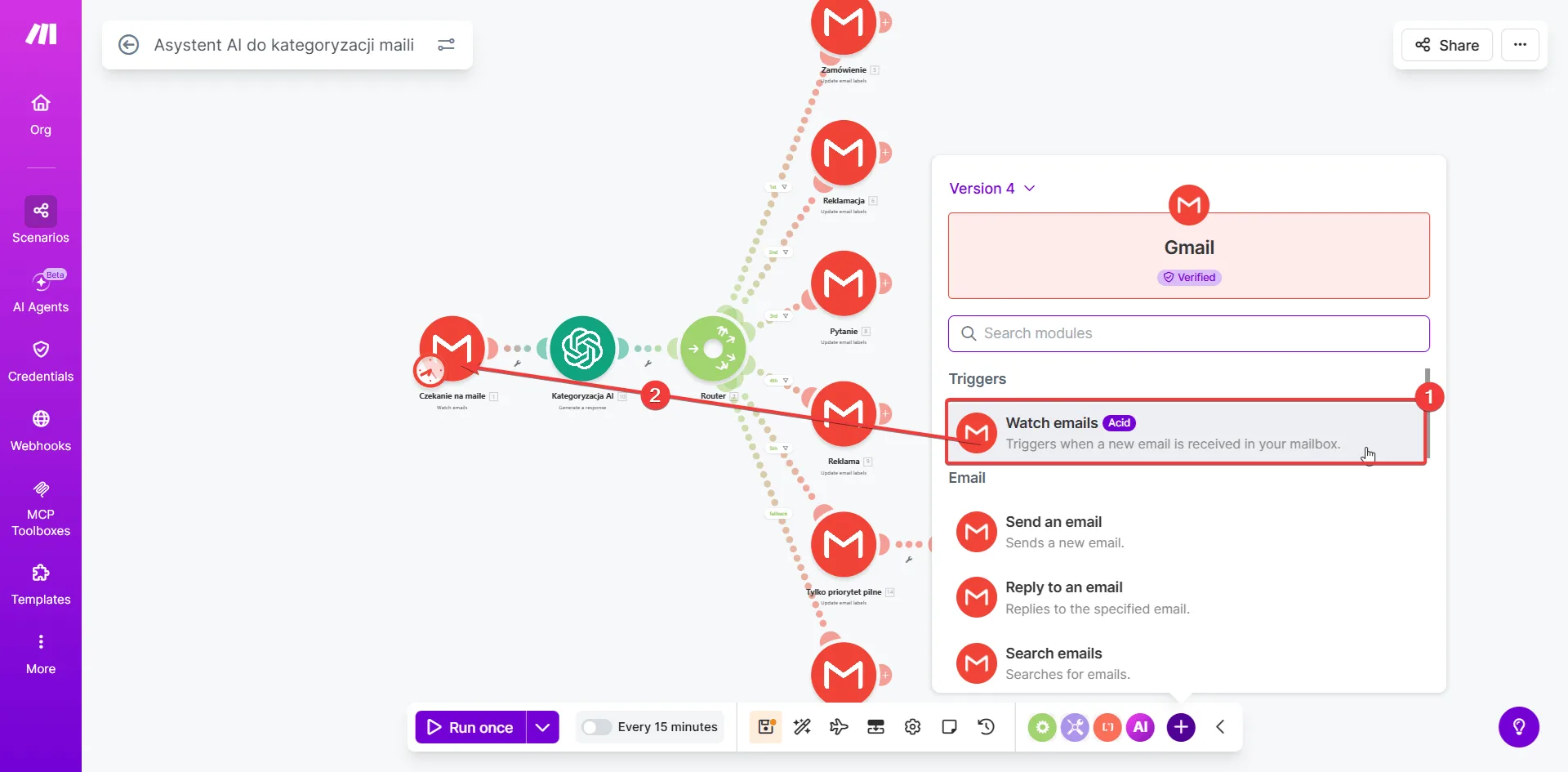Make.com — panel wyboru modułu Gmail z zaznaczonym triggerem Watch emails