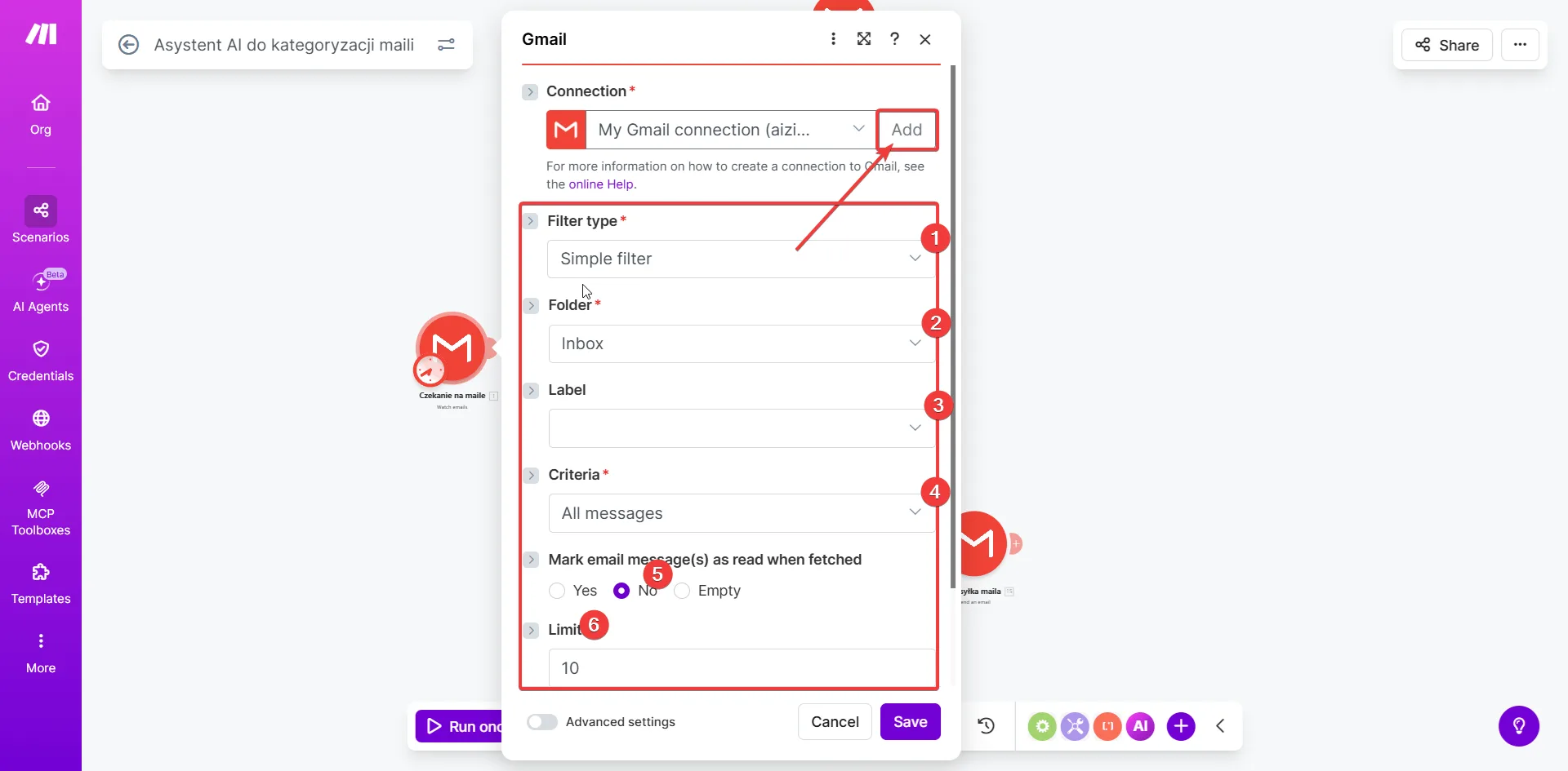 Konfiguracja modułu Gmail Watch Emails — folder Inbox, kryteria All messages, limit 10