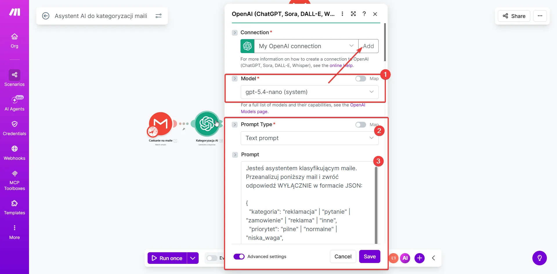 Konfiguracja modułu OpenAI — model gpt-5.4-nano, Prompt Type: Text prompt