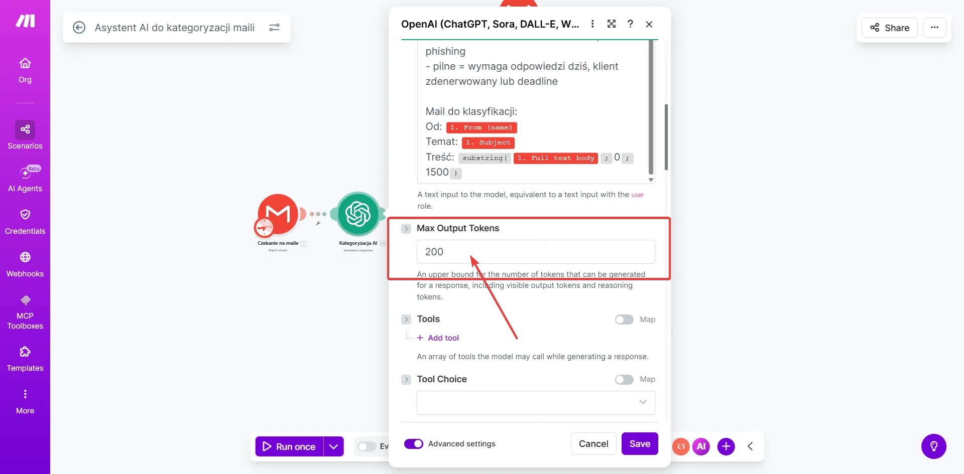 Konfiguracja OpenAI — widok promptu z mapowanymi polami Gmail i ustawienie Max Output Tokens: 200