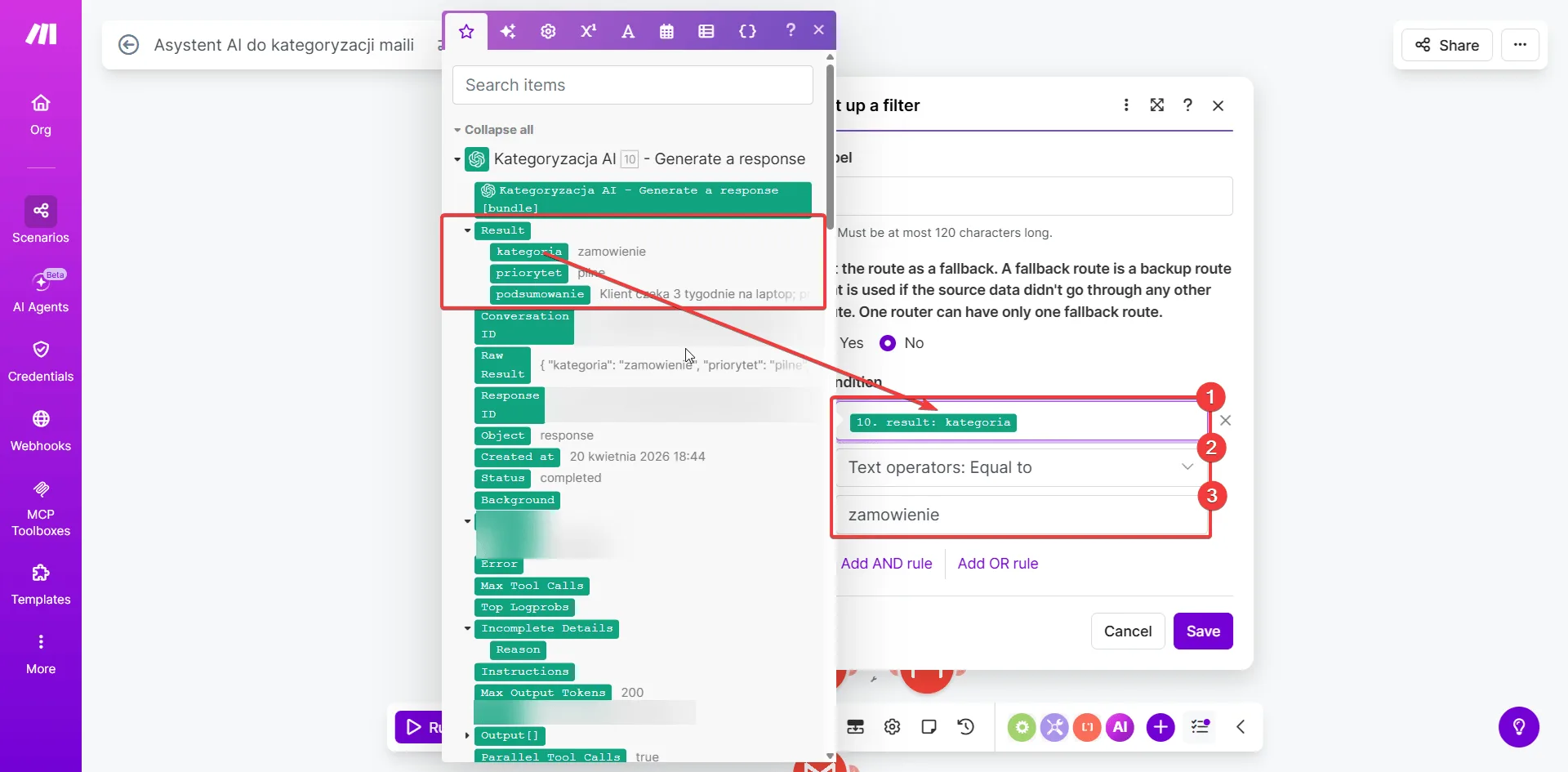 Make.com — okno Set up a filter z warunkiem: kategoria Equal to zamówienie