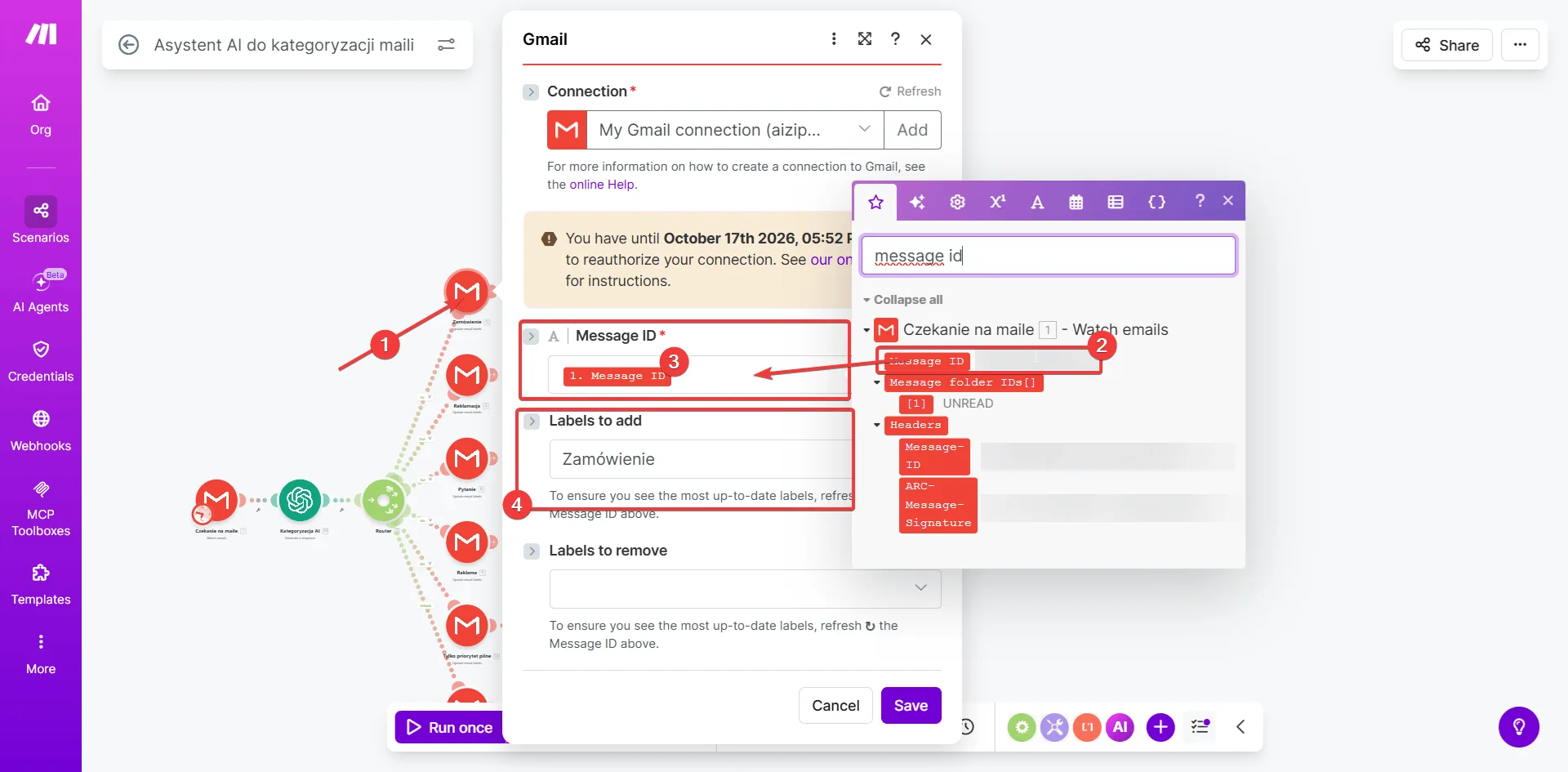 Make.com — moduł Gmail Update email labels z wybraną etykietą Zamówienie