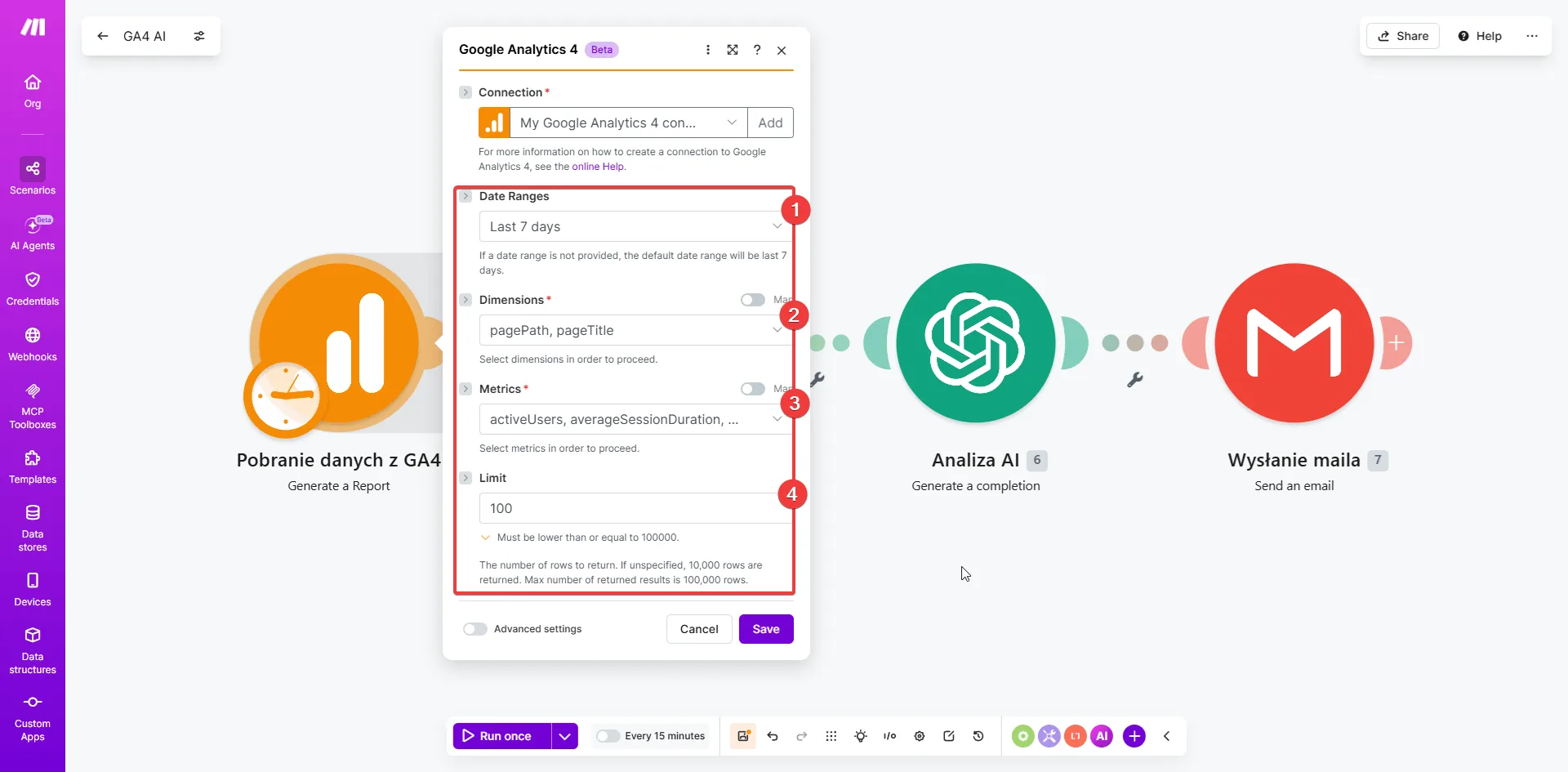 Make.com — konfiguracja modułu Google Analytics 4: Date Range Last 7 days, Dimensions pagePath i pageTitle, Metrics Sessions Active users Views Bounce rate Average session duration, Limit 100