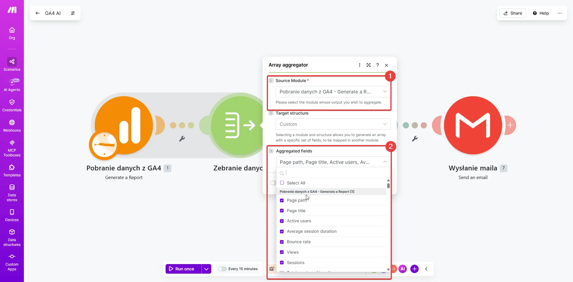 Make.com — moduł Array Aggregator: Source Module ustawiony na GA4, lista Aggregated fields z zaznaczonymi Page path, Page title, Active users, Average session duration, Bounce rate, Views, Sessions