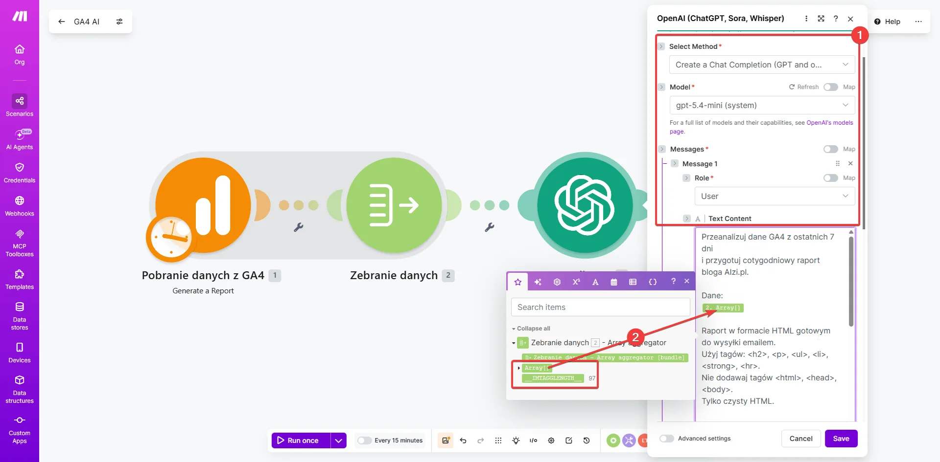 Make.com — moduł OpenAI Create a Chat Completion: model gpt-5.4-mini, Role User, Text Content z promptem HTML i zmienną 2.Array podświetloną w variable pickerze