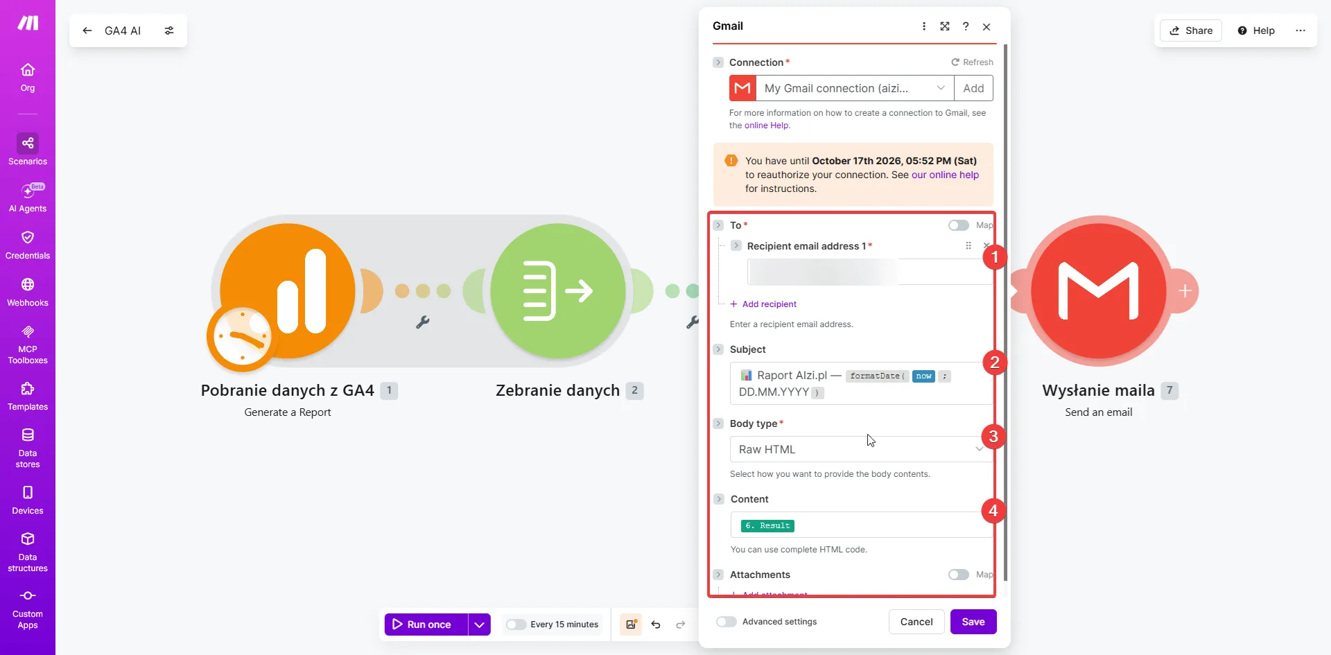Make.com — moduł Gmail Send an Email: Connection konto aizi, Subject Raport Aizi.pl z formatDate(NOW), Body type Raw HTML, Content 6.Result z OpenAI