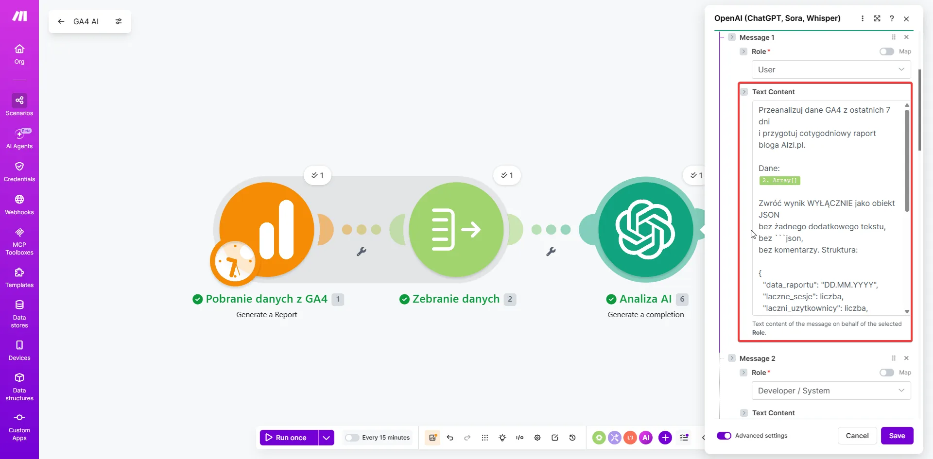 Make.com — moduł OpenAI z promptem JSON dla Google Sheets, widoczna zmienna 2.Array i treść promptu z instrukcją zwrotu czystego JSON