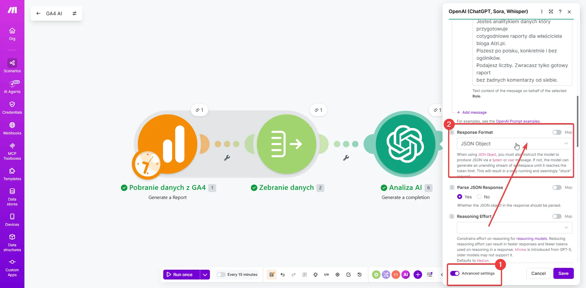 Make.com — ustawienia zaawansowane modułu OpenAI: Response Format ustawiony na JSON Object, Force JSON Response włączony