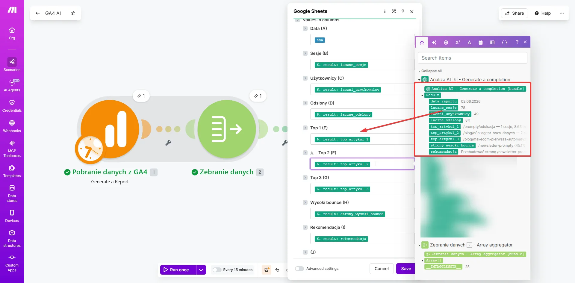 Make.com — moduł Google Sheets Add a Row z zmapowanymi polami JSON na kolumny arkusza: data_raportu, laczne_sesje, laczni_uzytkownicy, top artykuły, strony_wysoki_bounce, rekomendacja