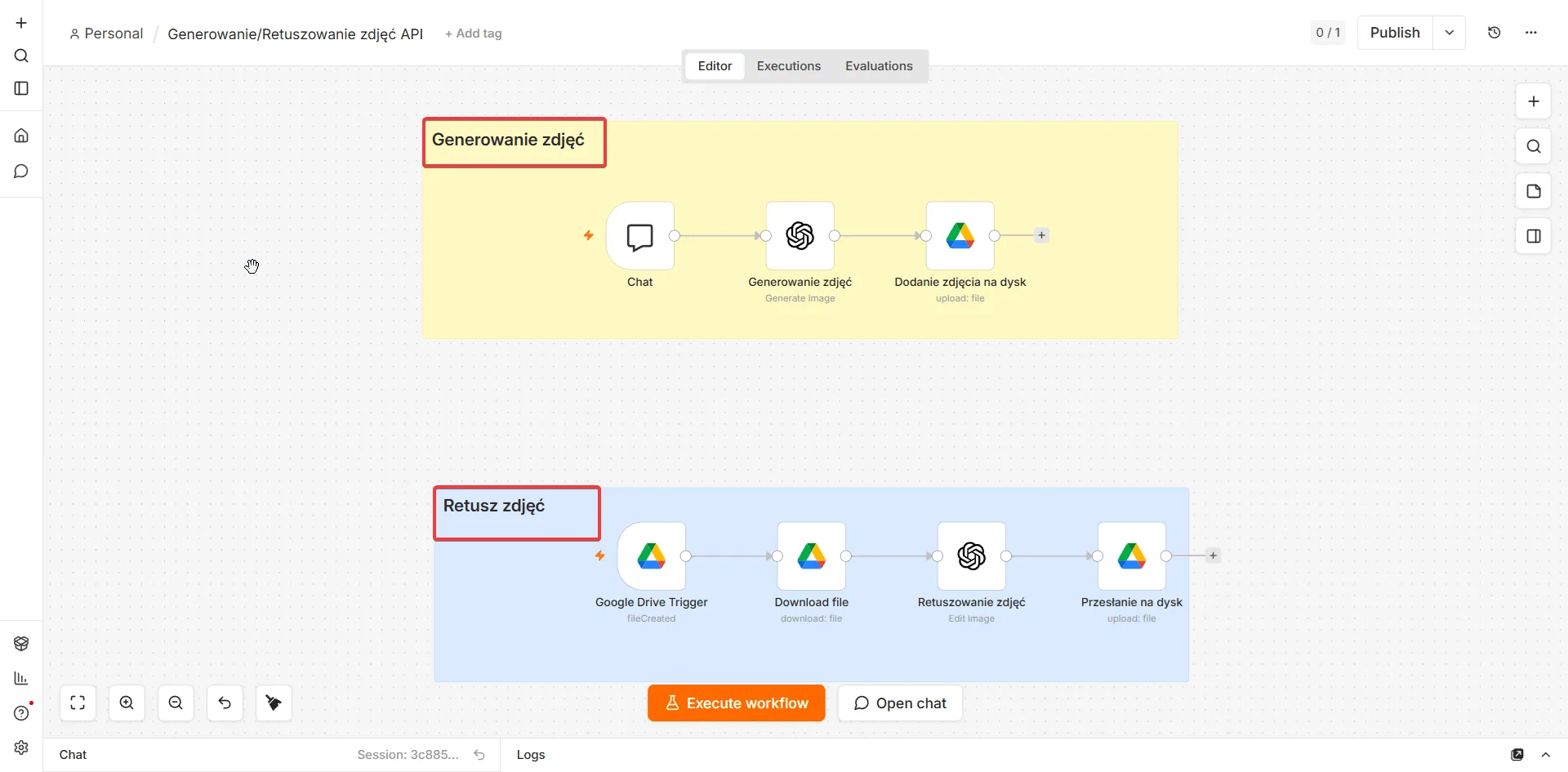 Własny workflow n8n — dwa przepływy AI: Generowanie zdjęć (Chat → OpenAI → Google Drive) i Retusz zdjęć (Google Drive Trigger → OpenAI Edit Image → Google Drive)