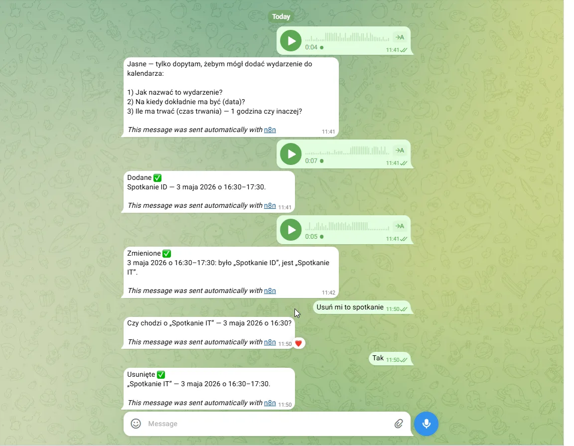 Demo chatbota AI — asystent kalendarza w Telegramie w akcji