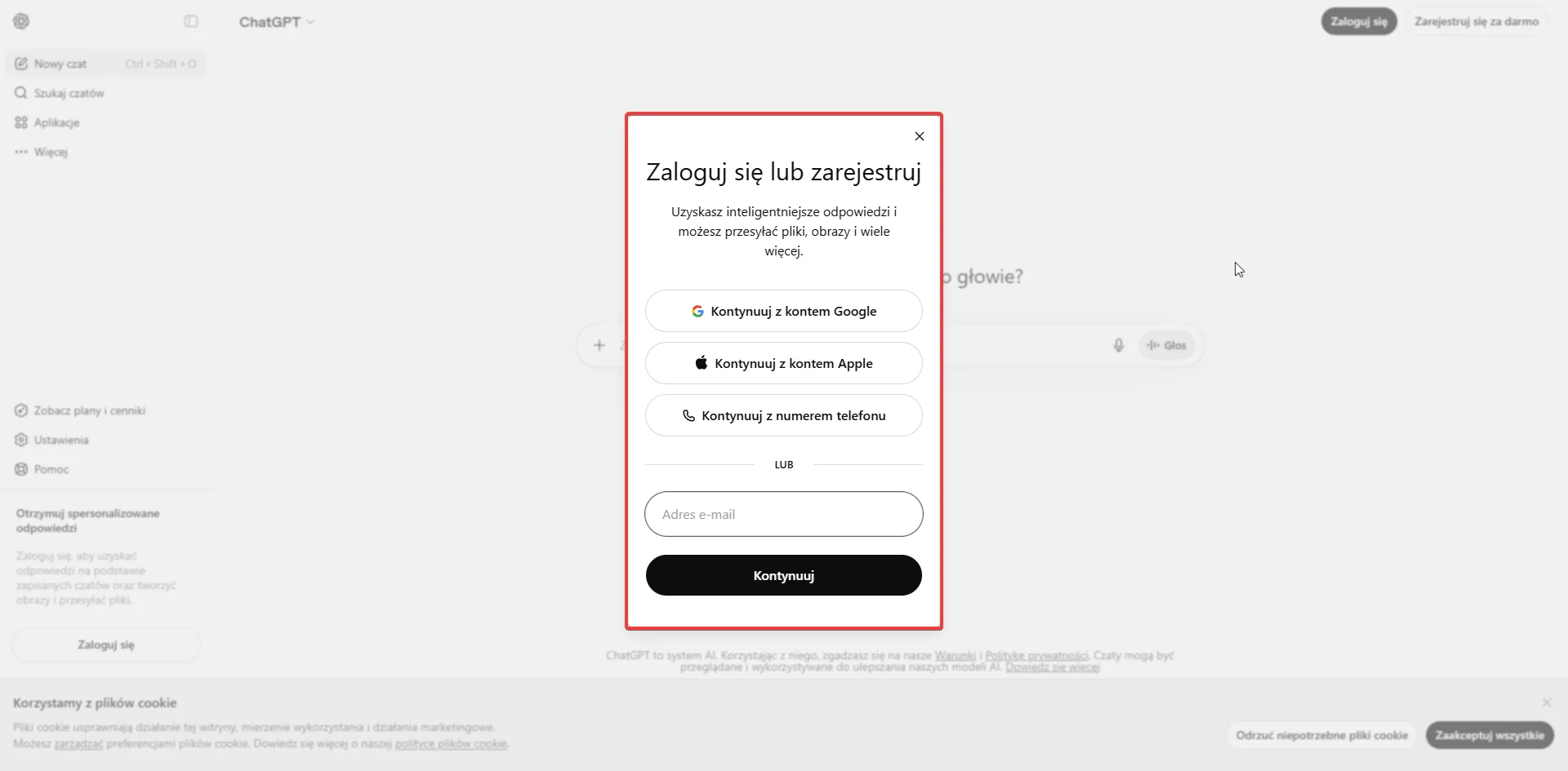 Ekran logowania i rejestracji ChatGPT po polsku — opcje konta Google, Apple, numeru telefonu lub e-maila