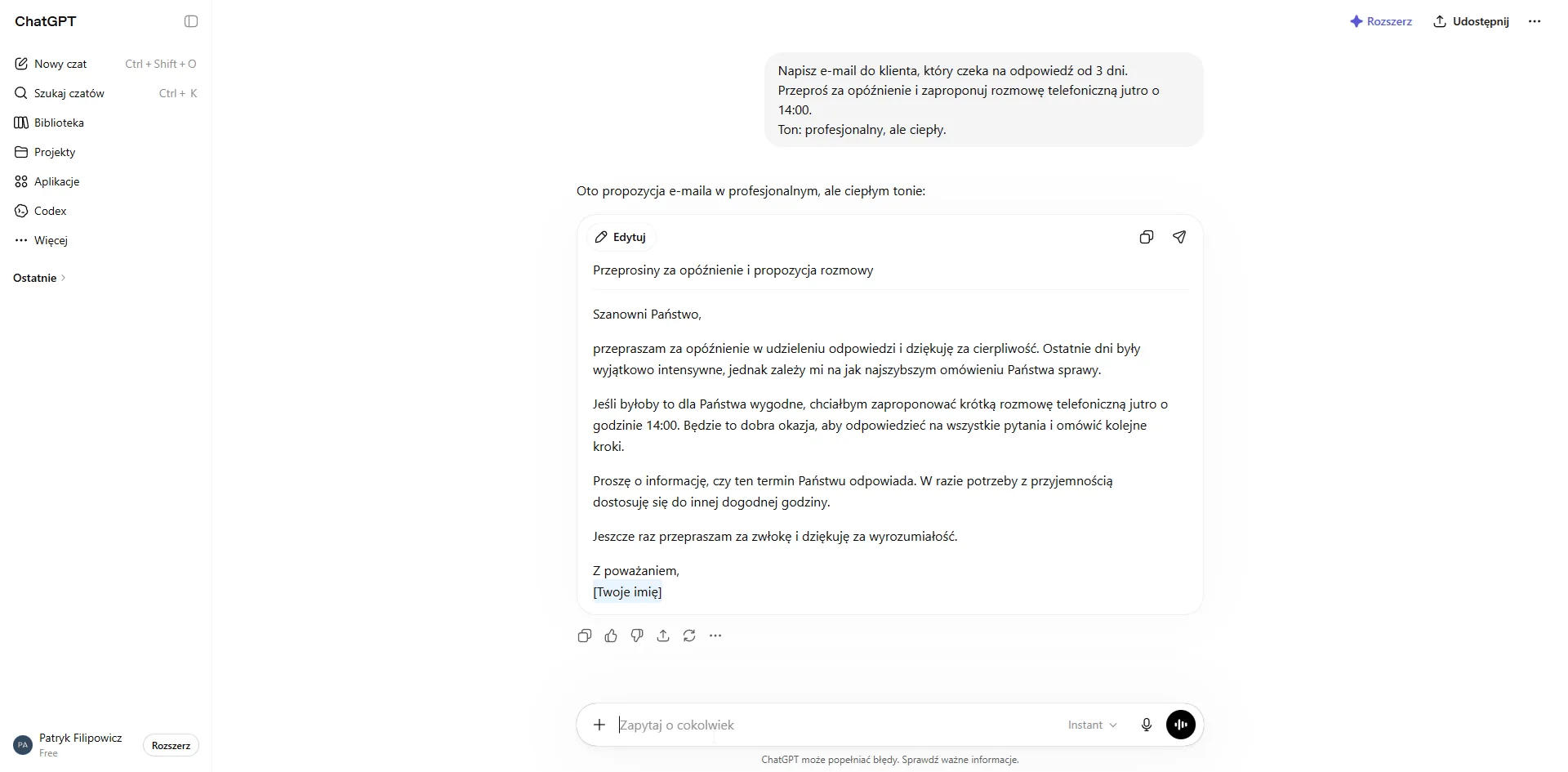 ChatGPT po polsku — gotowy e-mail z przeprosinami wygenerowany w kilka sekund na podstawie polskiego polecenia