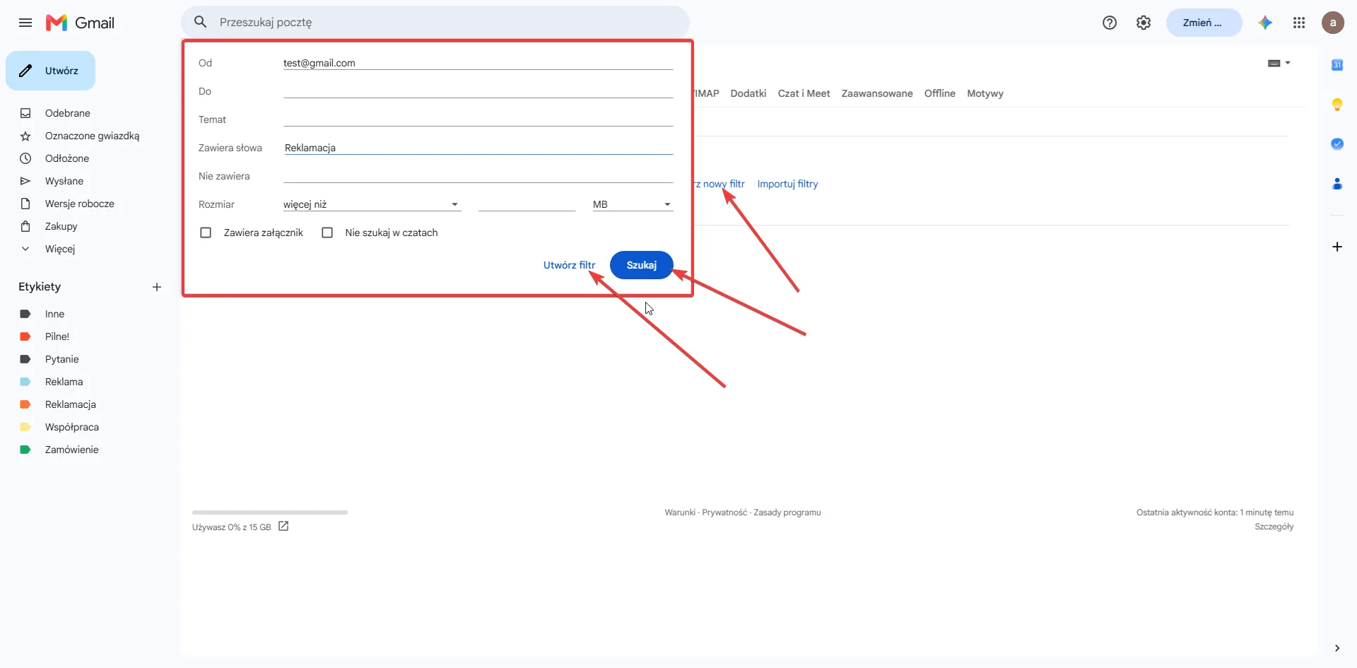 Okno tworzenia filtra Gmail z kryteriami: nadawca i pole Zawiera słowa z wpisem Reklamacja
