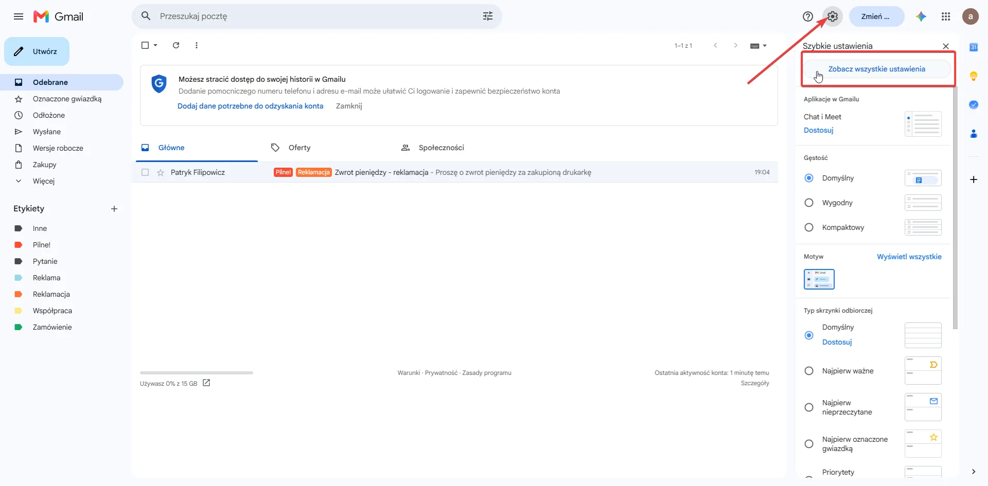 Gmail — pierwszy krok tworzenia filtra: koło zębate i przycisk Zobacz wszystkie ustawienia