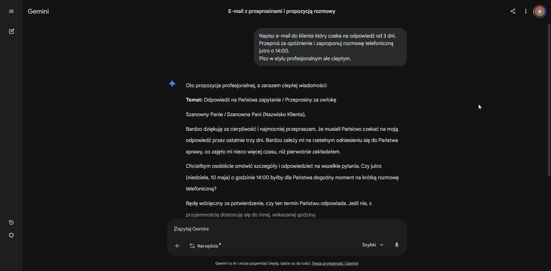 Gemini napisał profesjonalny e-mail z przeprosinami i propozycją rozmowy telefonicznej