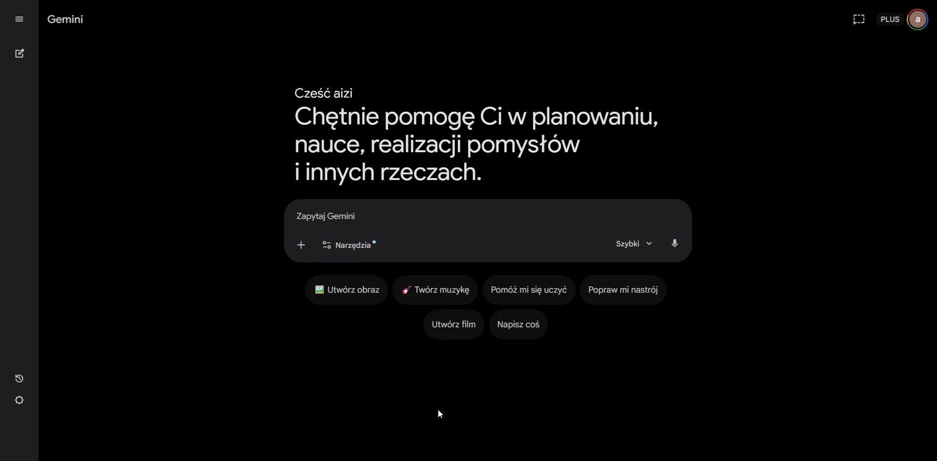 Strona główna Gemini po polsku — interfejs czatu z planem Plus