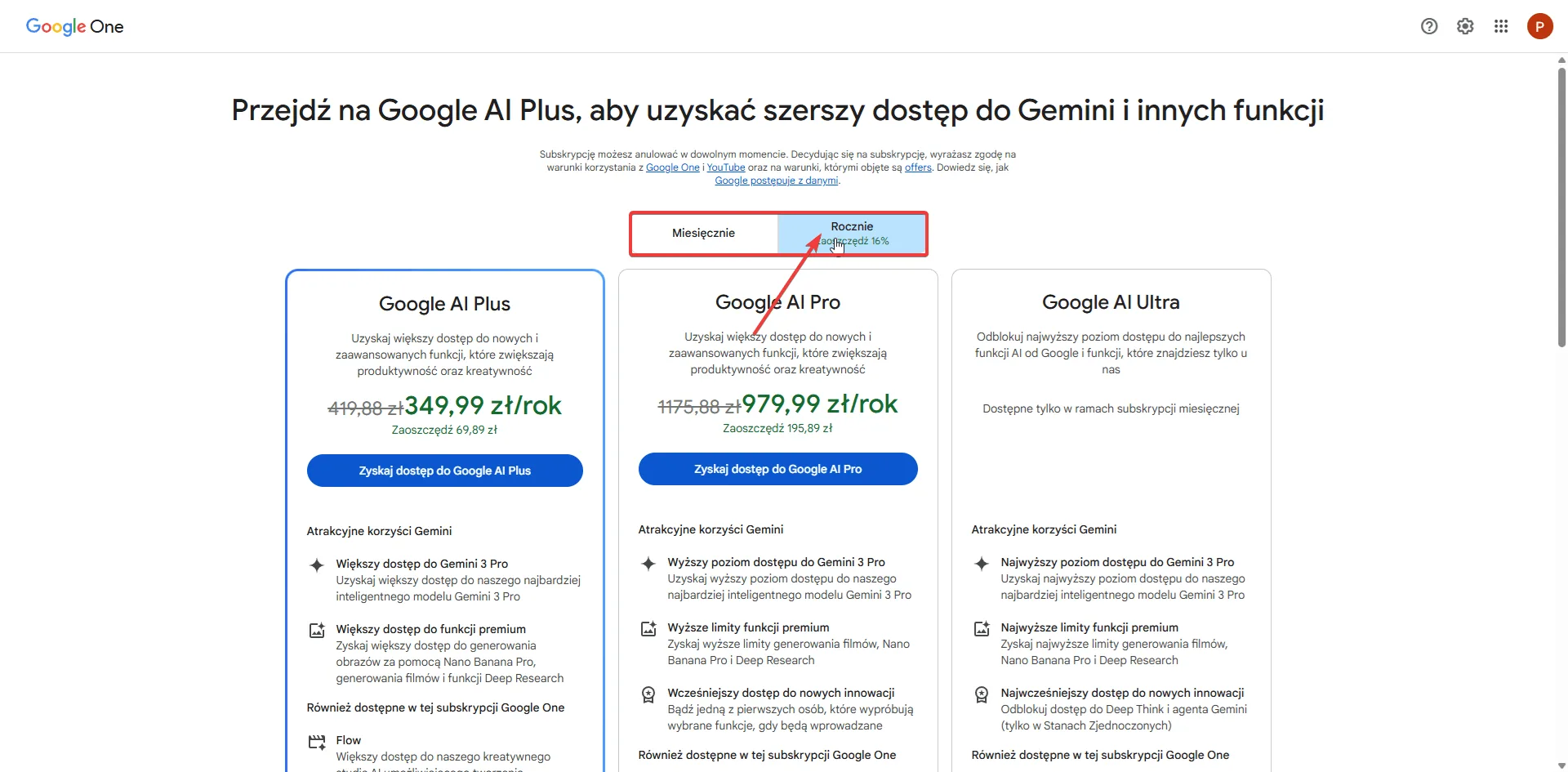 Plany Google AI w Polsce — ceny roczne: Plus 349,99 zł/rok, Pro 979,99 zł/rok