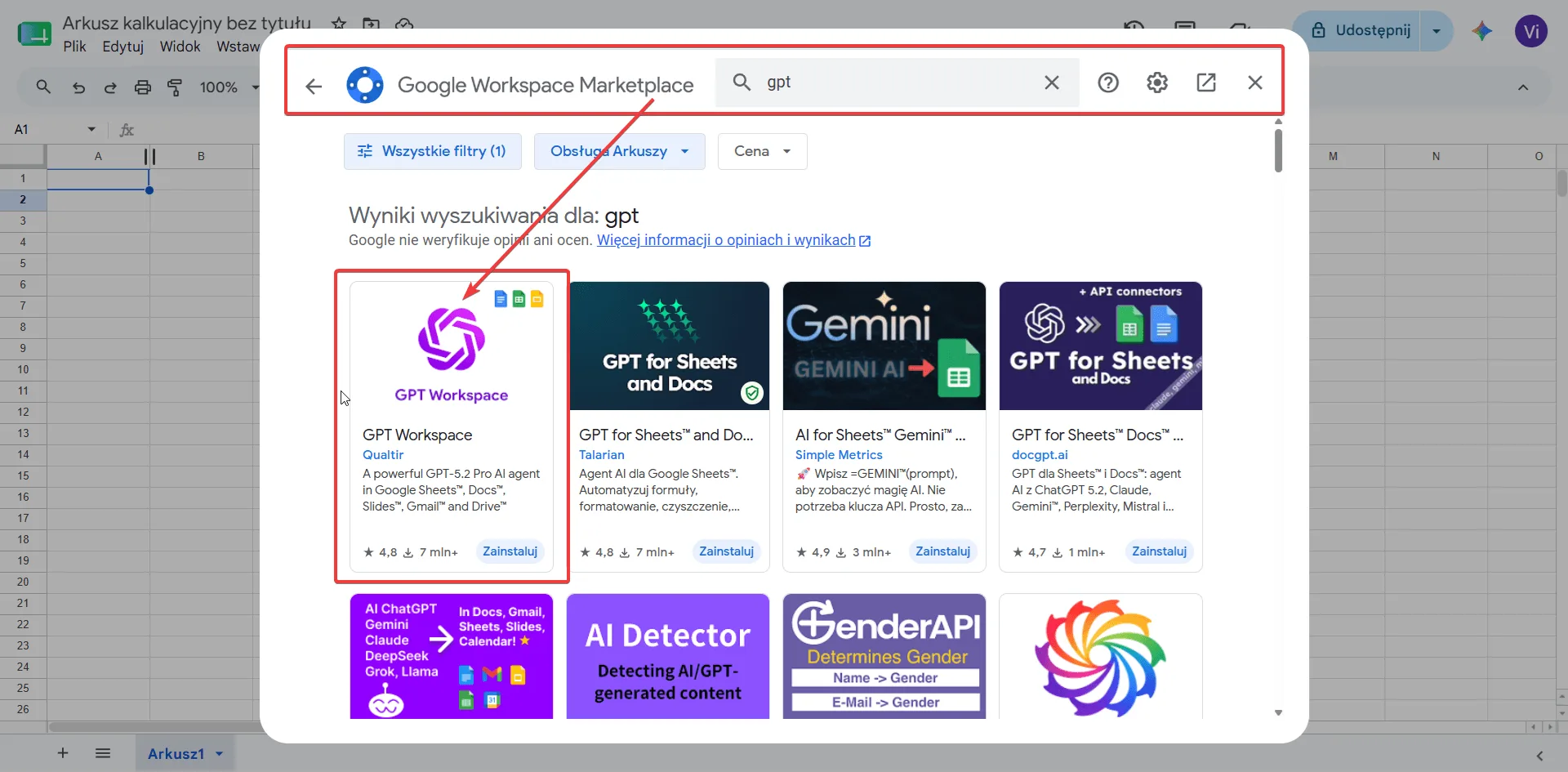 Wyszukiwarka dodatków w Google Workspace Marketplace dla hasła „gpt