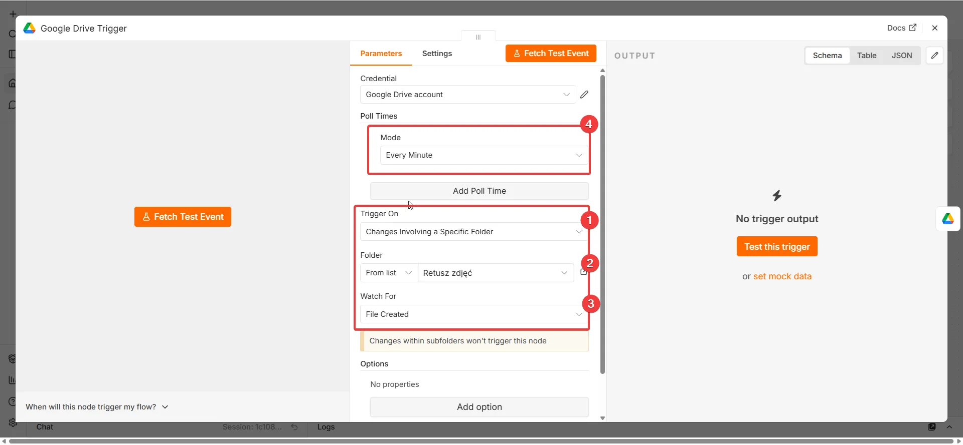 n8n Google Drive Trigger — konfiguracja monitorowania folderu 
