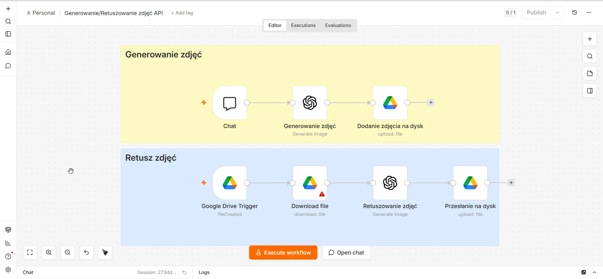 Przegląd obu workflow n8n — górny: Generowanie zdjęć (Chat → OpenAI → Google Drive), dolny: Retusz zdjęć (Google Drive Trigger → Download → OpenAI → Google Drive)