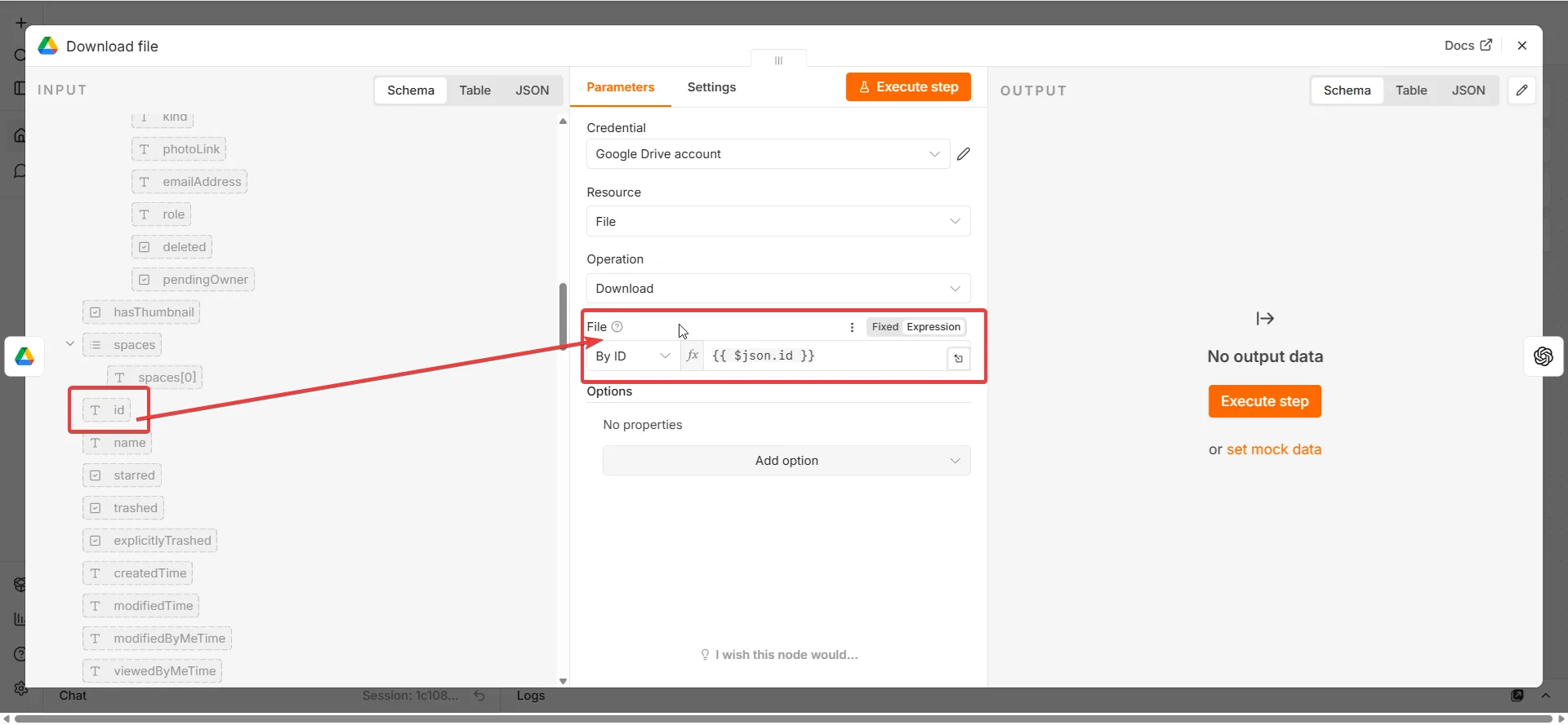 n8n Download file — pobieranie pliku z Google Drive po ID, połączenie z Google Drive Trigger przez $json.id