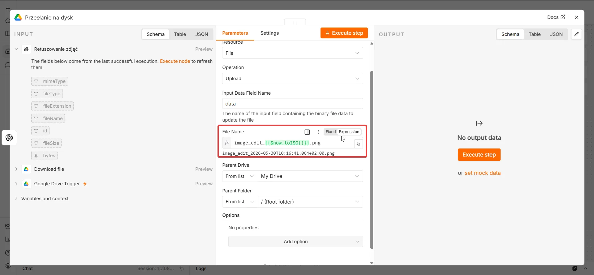 n8n Google Drive Upload — zapis zretuszowanego zdjęcia, nazwa pliku z timestampem image_edit, folder Root