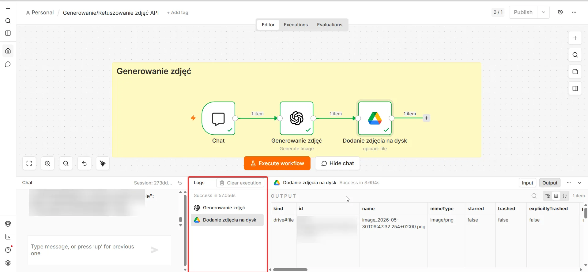 n8n — widok wykonanego workflow generowania zdjęć, zielone statusy wszystkich węzłów, plik zapisany na Google Drive