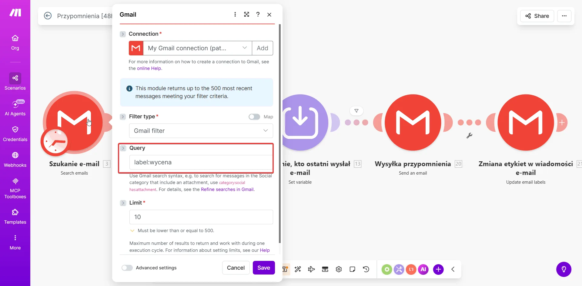 Konfiguracja modułu Search Emails — query label:wycena