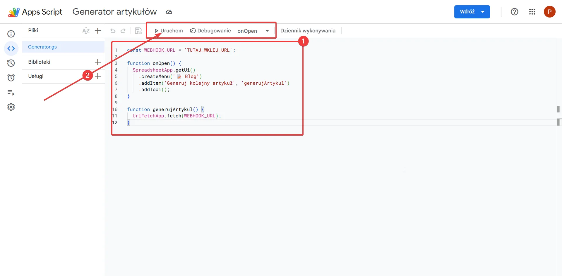 Google Apps Script — kod skryptu Generator.gs z funkcjami onOpen i generujArtykul wywołującymi webhook Make.com
