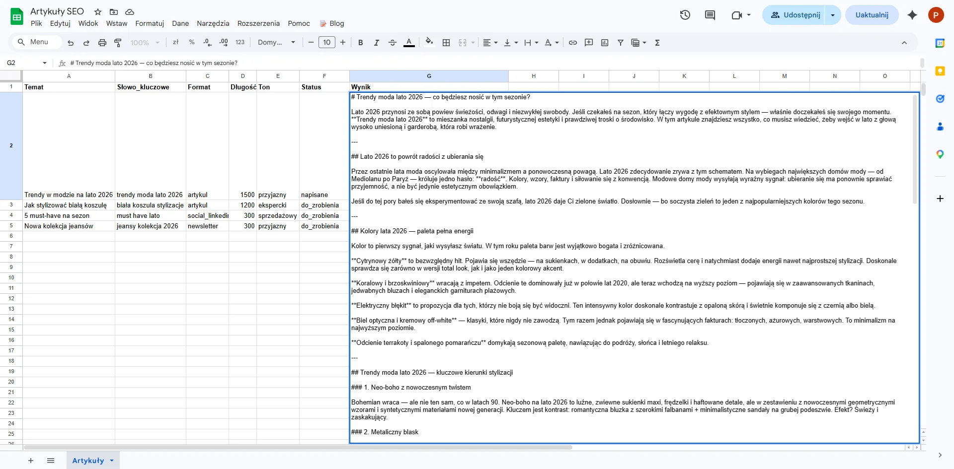 Google Sheets Artykuły SEO — wygenerowany artykuł przez Claude AI widoczny w kolumnie Wynik, status zmieniony na napisane