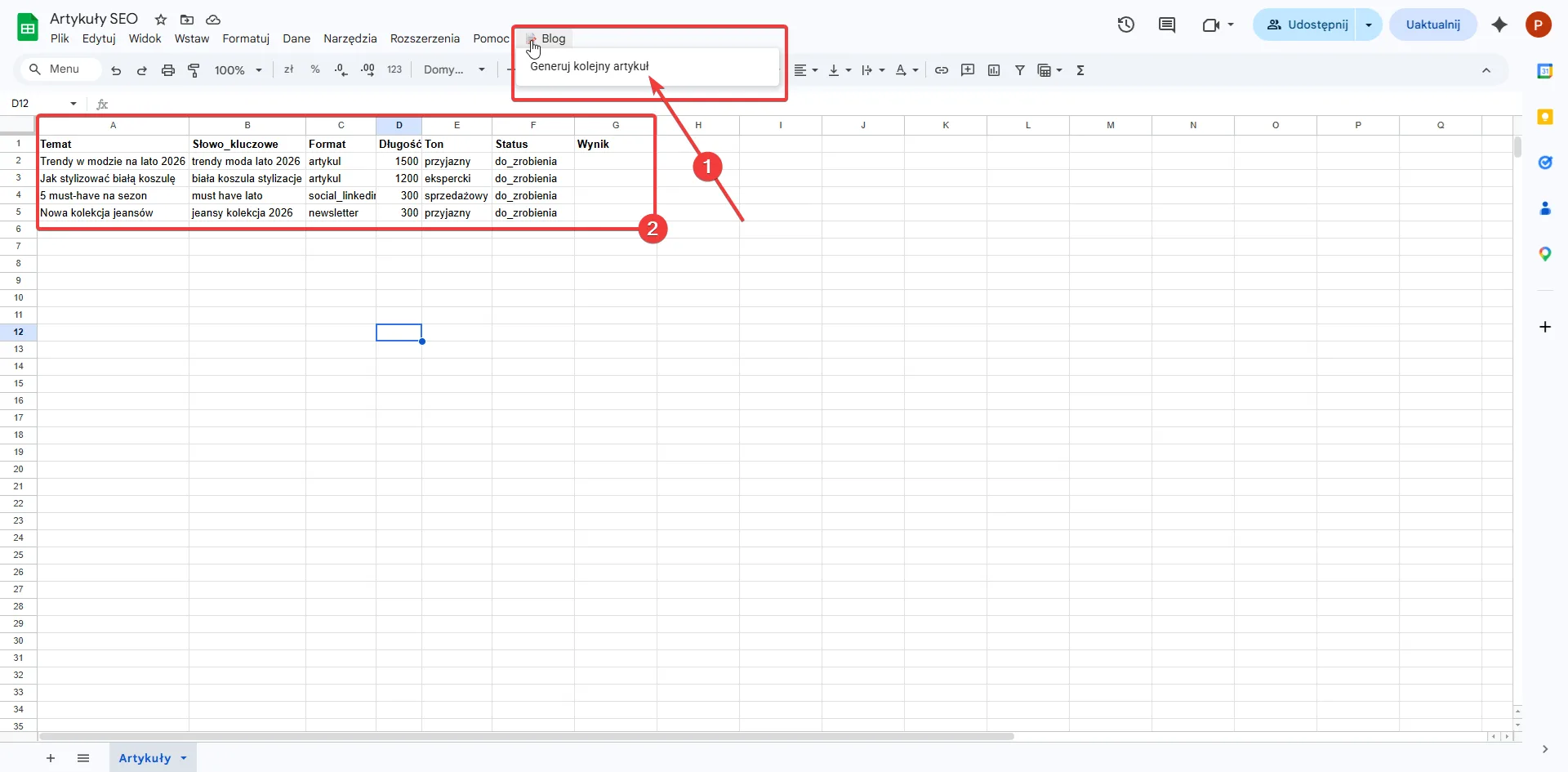 Google Sheets z otwartym menu Blog i opcją Generuj kolejny artykuł — arkusz Artykuły SEO z kolejką zadań ze statusem do_zrobienia