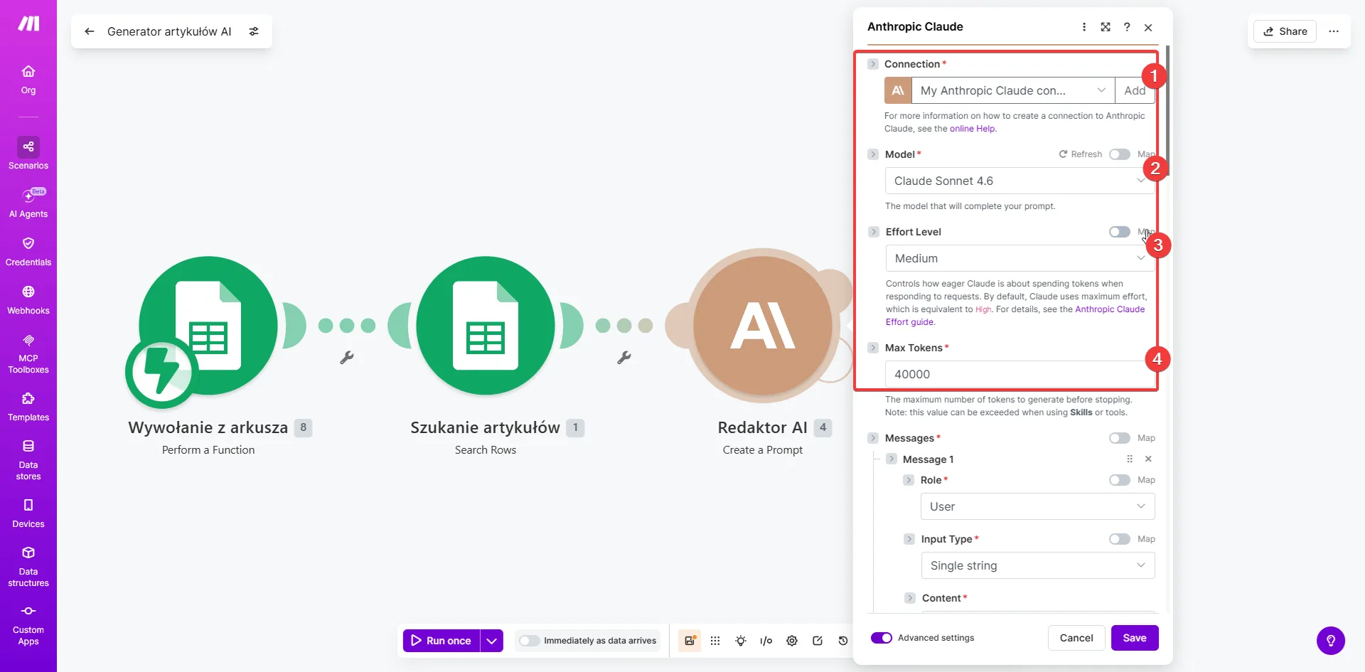 Make.com moduł Anthropic Claude — ustawienia połączenia, modelu Claude Sonnet 4.6, Effort Level Medium i Max Tokens 40000