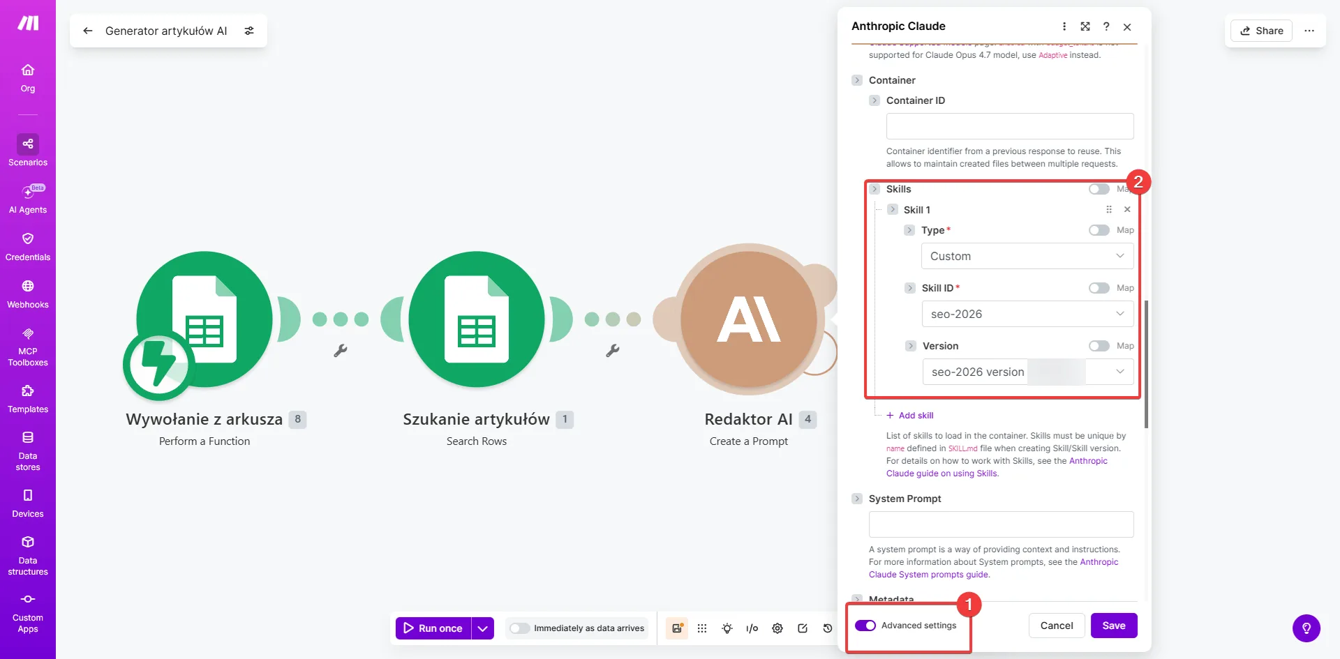 Make.com Anthropic Claude Advanced settings — sekcja Skills z własnym skillem seo-2026 oraz pole System Prompt