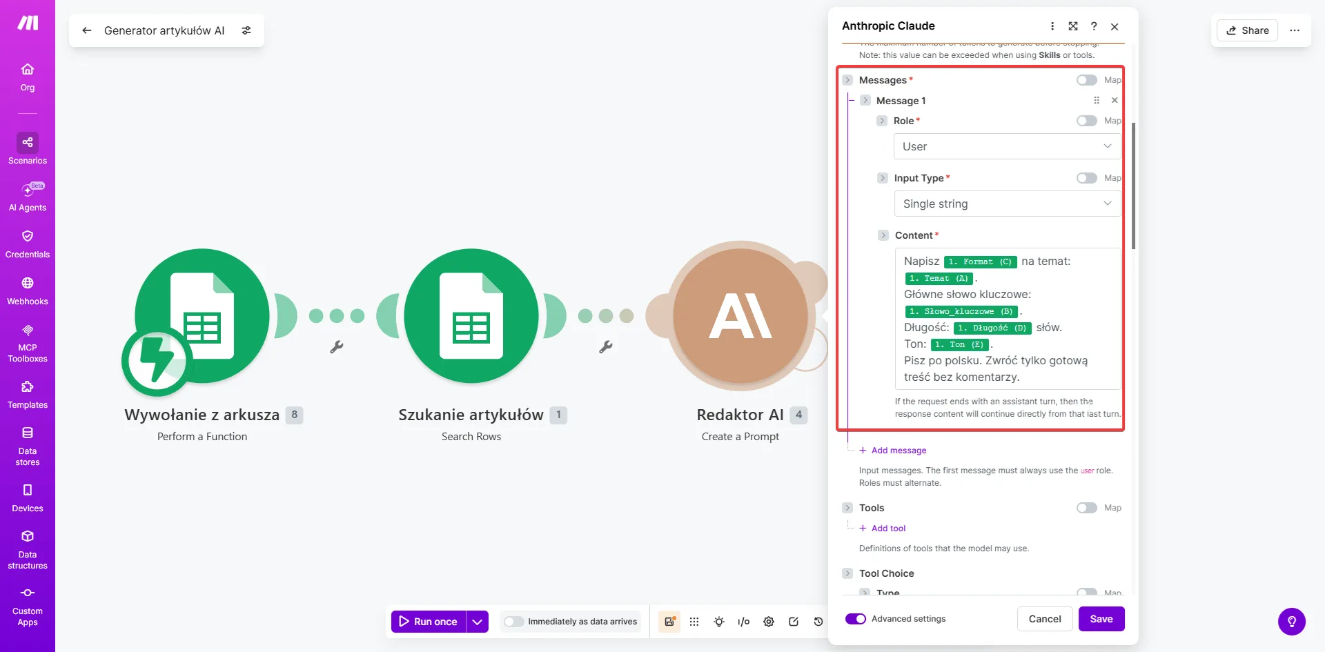 Make.com Anthropic Claude — pole Message z promptem uzupełnionym zmiennymi z Google Sheets: Format, Temat, Słowo kluczowe, Długość, Ton