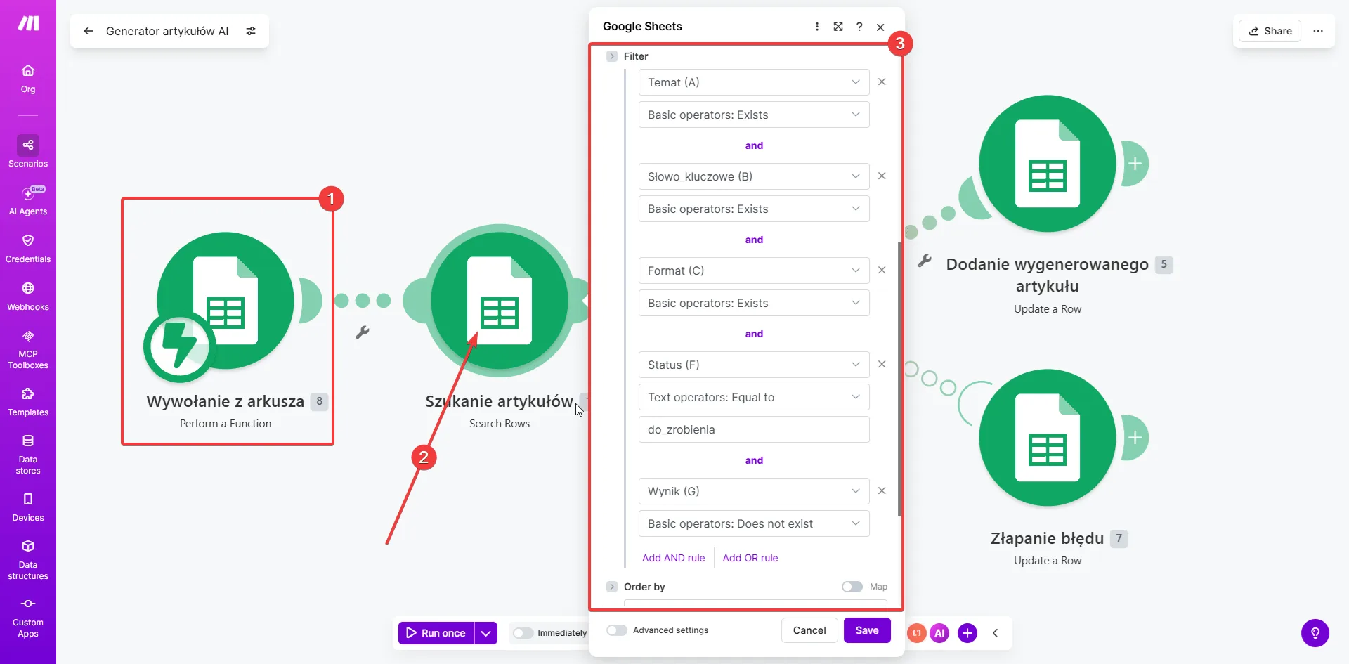 Make.com Google Sheets Search Rows — filtr Status równa się do_zrobienia i Wynik nie istnieje, scenariusz generatora artykułów Claude AI