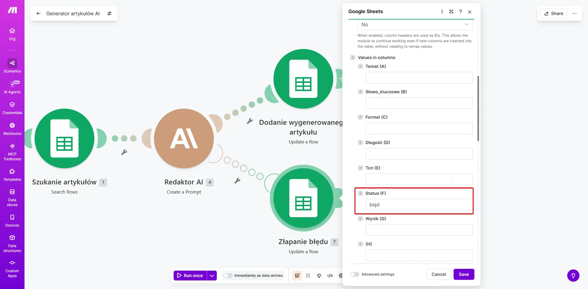 Make.com Google Sheets Update a Row — moduł obsługi błędu, kolumna Status ustawiona na błąd