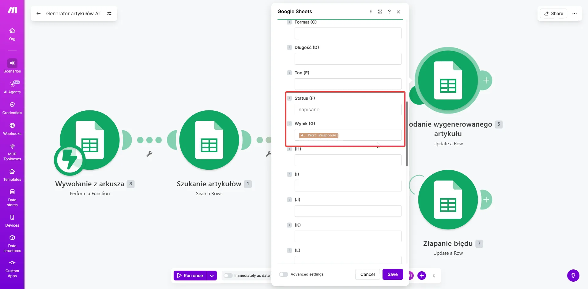 Make.com Google Sheets Update a Row — kolumna Status ustawiona na napisane, kolumna Wynik zmapowana do odpowiedzi Claude AI (Text Response)